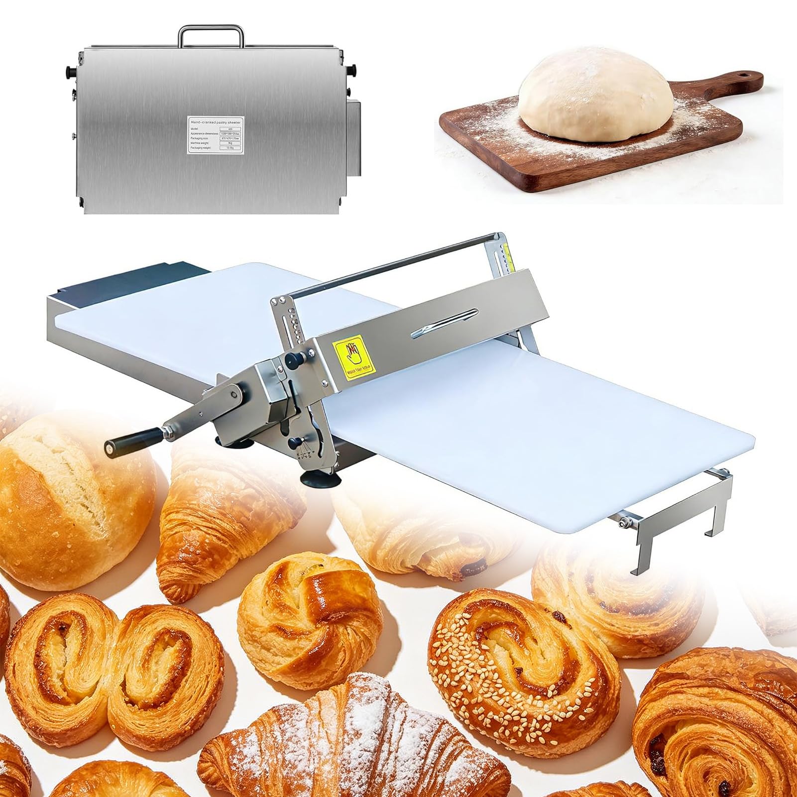 Sfogliatrice Manuale Pieghevole, Sfogliatrice da Banco per Pasticceria Acciaio Inossidabile, Spessori 0-27 mm Regolabili, Pannello 30x60cm/40x90cm, per Pizza, Croissant