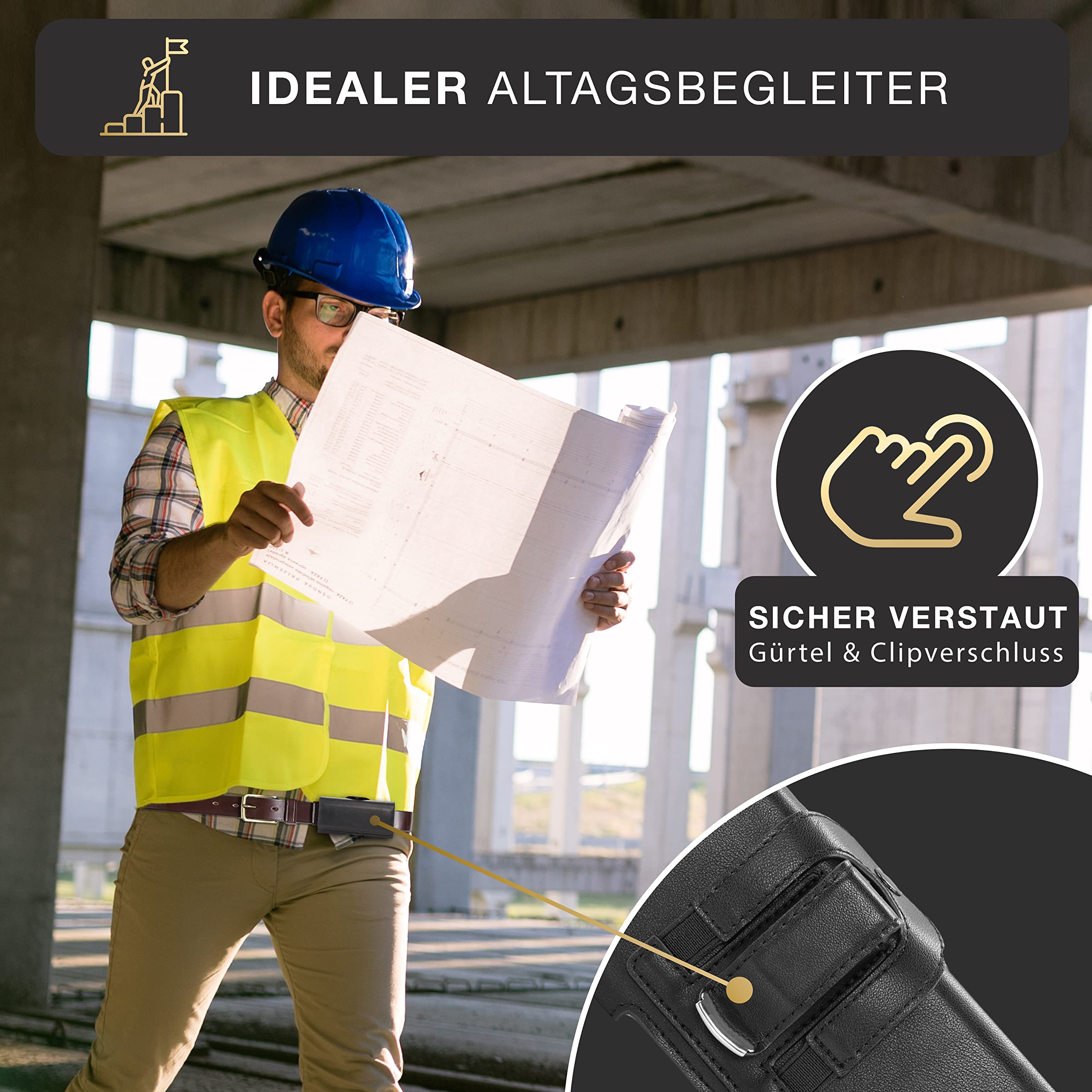 Handy Gürteltasche, Größe XXXL (innen: 169 x 78 x 12 mm), Leder schwarz, Magnetverschluss, Gürtelclip