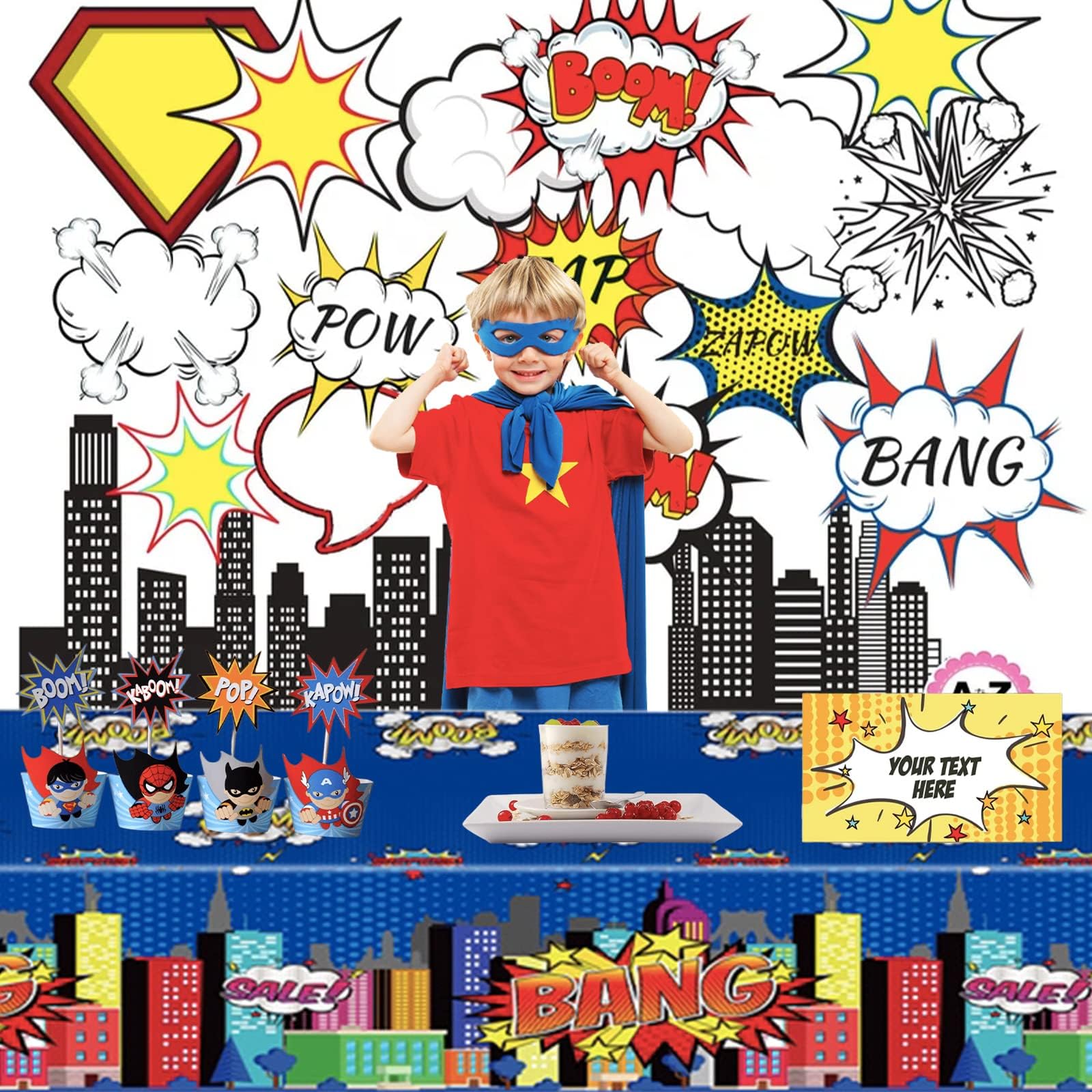 POPOYU Tovaglia blu eroe per feste, tovaglia per feste in città per ragazzi, 130 x 220 cm, in plastica, per feste di compleanno per bambini