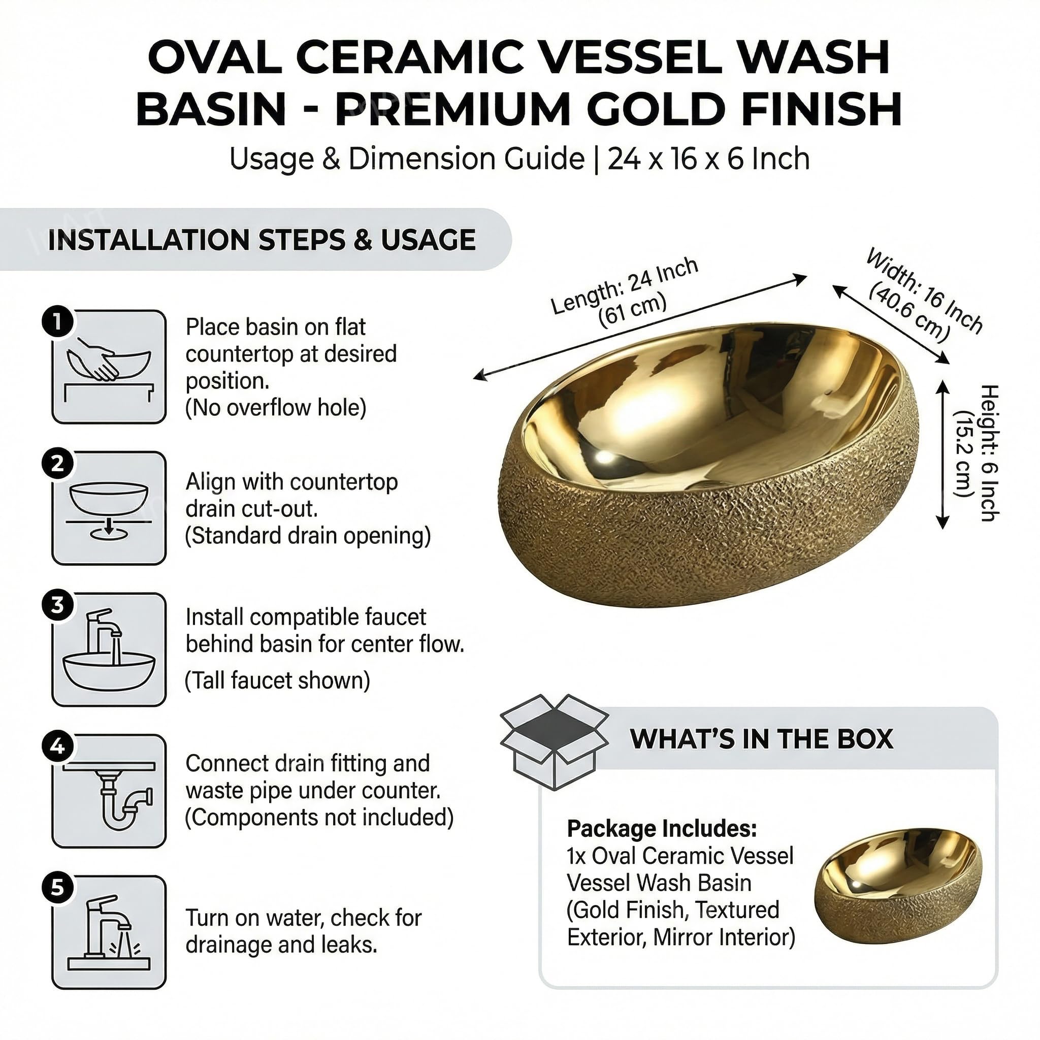 Gold Wash Basin - Ceramic Oval Sink - 24" FREE SHIPPING -6