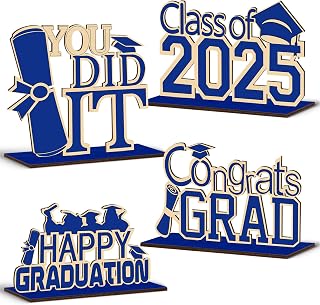 (4 Pcs) KSKSPE Graduation Decorations Party Supplies Table Centerpieces,Graduation Theme Design and Sturdy Wooden for Graduation Party Favors Decorations,Blue