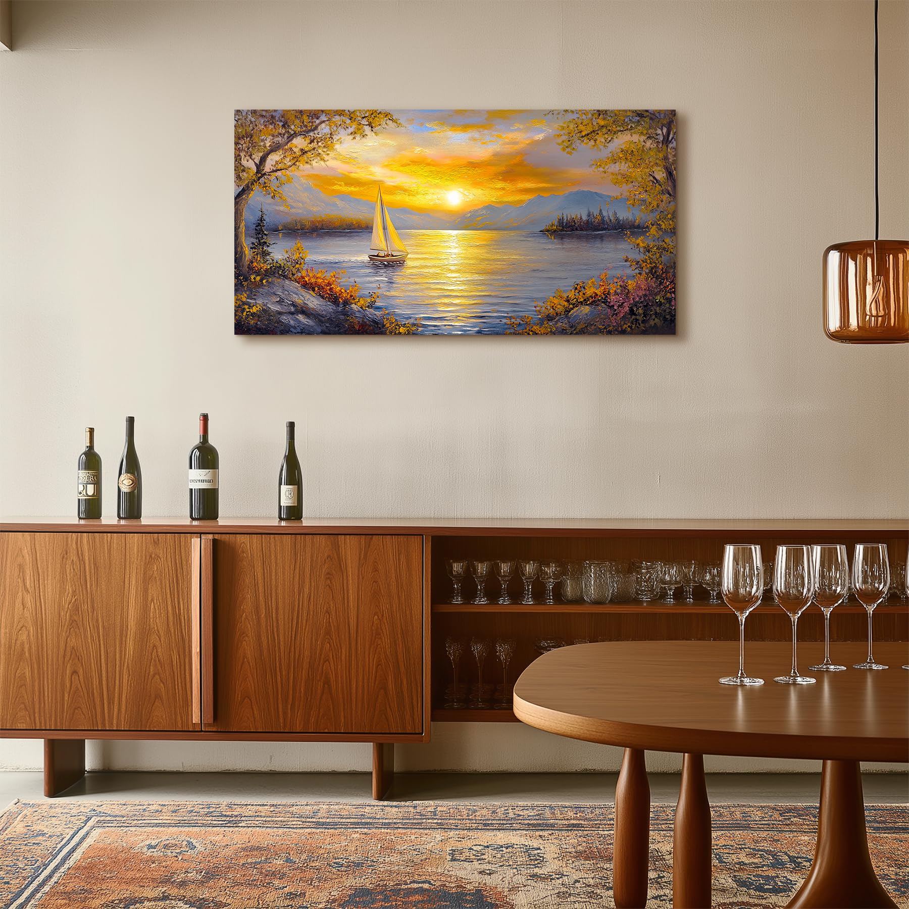 MHARTK66 Tableau Decoration Murale Salon, 50x100 cm Grand Impression sur Toile, Cadre Decoration Murale Coucher de Soleil et Voilier, Moderne Décoration de Chambre Salle De Bain Maison Décorations