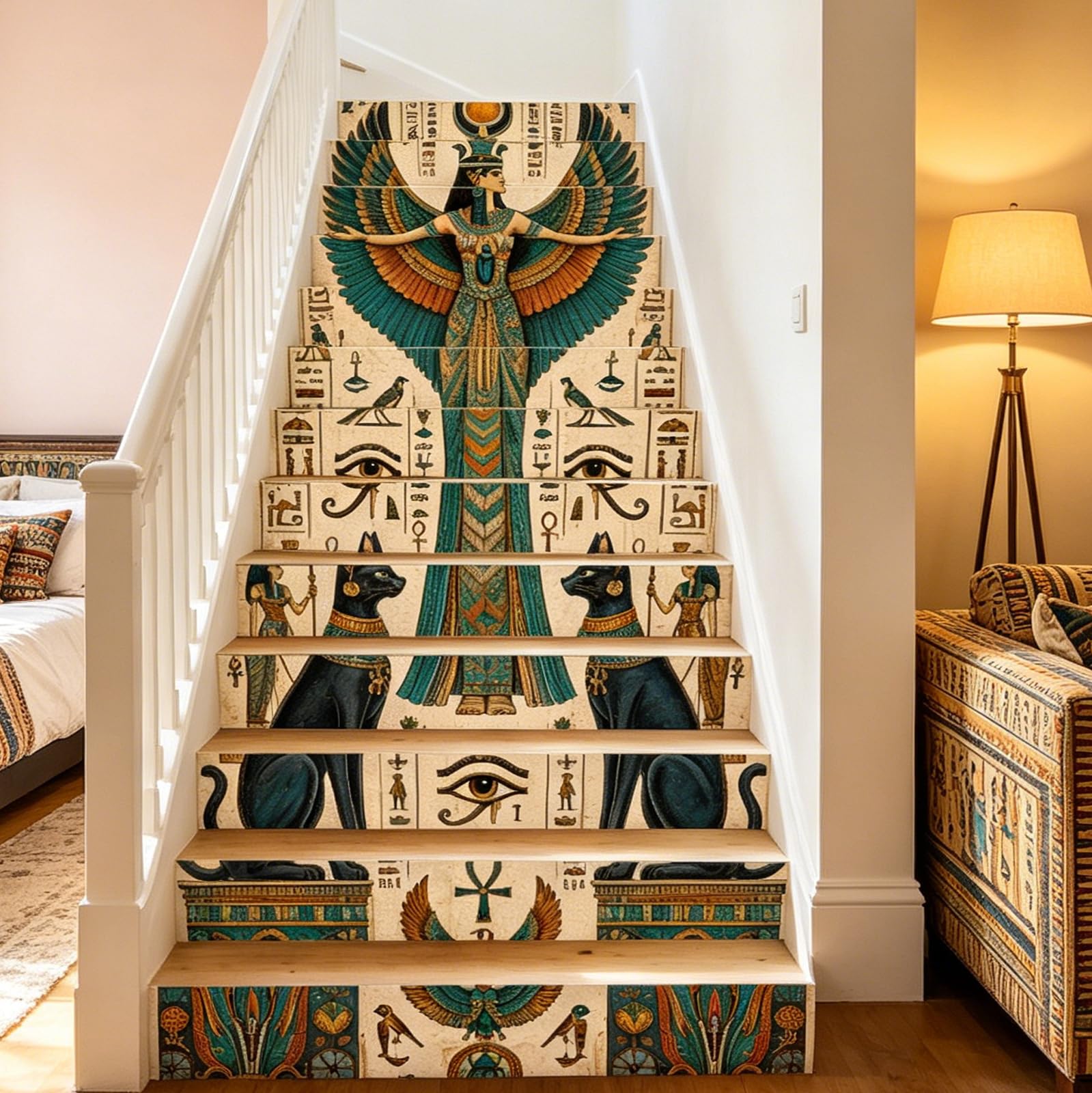 PLIGREAT 15 Strips Egyptian Totems Stair Decals, Peel and Stick Stair Riser Stickers for Steps 18x100cm Self-Adhesive Vinyl Egyptian Goddess Staircase Murals Decor for Home Hotel