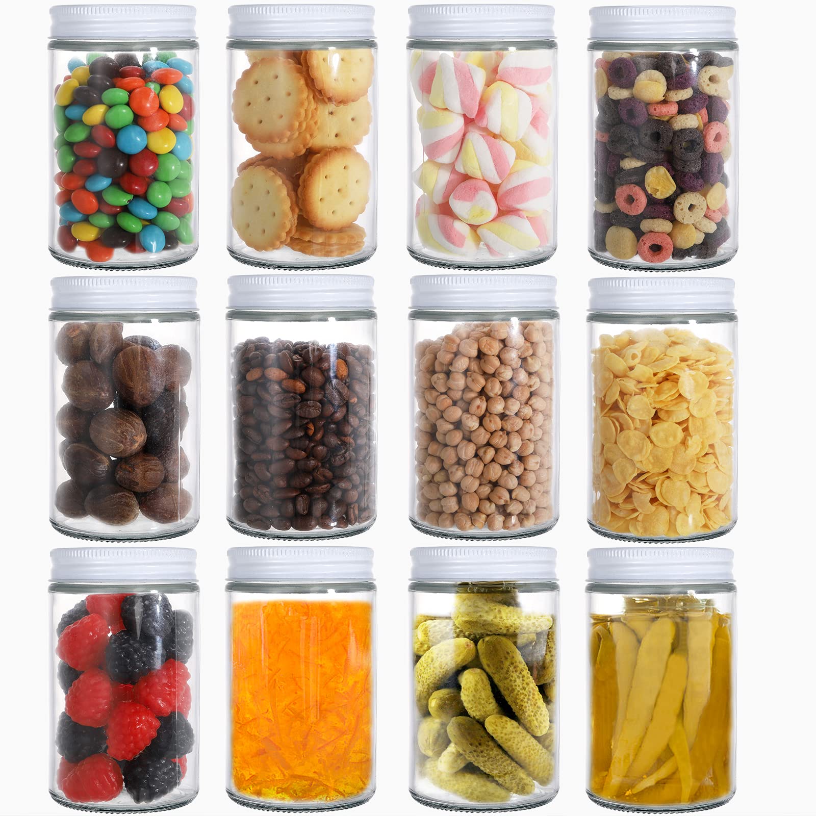 Suwimut 12 Pack Glass Jars With Lids, 12 oz Wide Mouth Straight Sided Glass Storage Mason Canning Jars with White Metal Lids for Pickles and Kitchen Storage Jelly, Jams, Honey, Caviar, Herb, Dry Food
