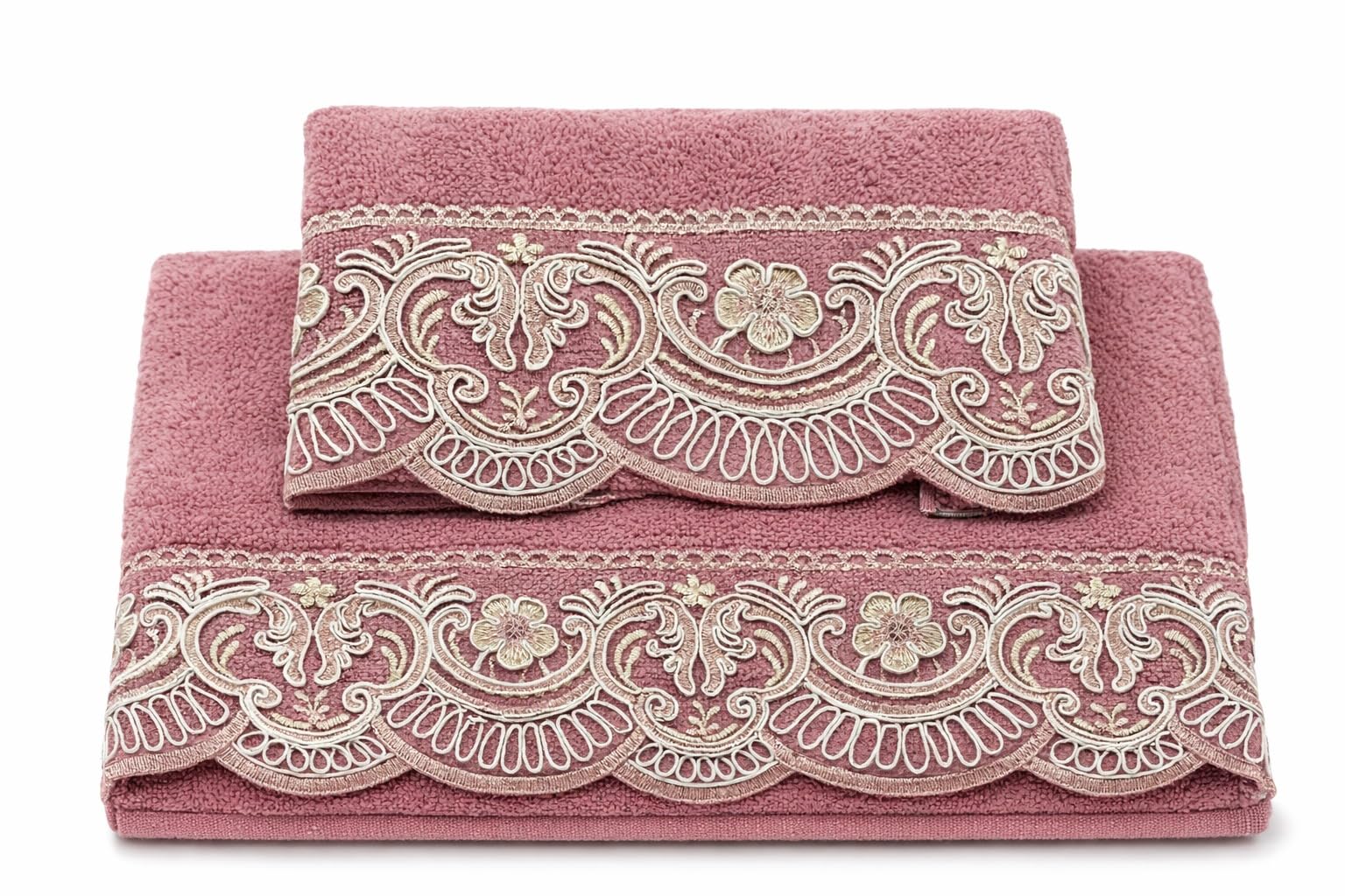 Corredocasa SET Asciugamani 1+1 in Spugna di Puro Cotone, Prodotto in Italia - Set Viso 60x100 e Ospite 40x60 con Pizzo Macramè - Morbidi, Assorbenti e di Alta Qualità - Idea Regalo Bagno (Cipria)