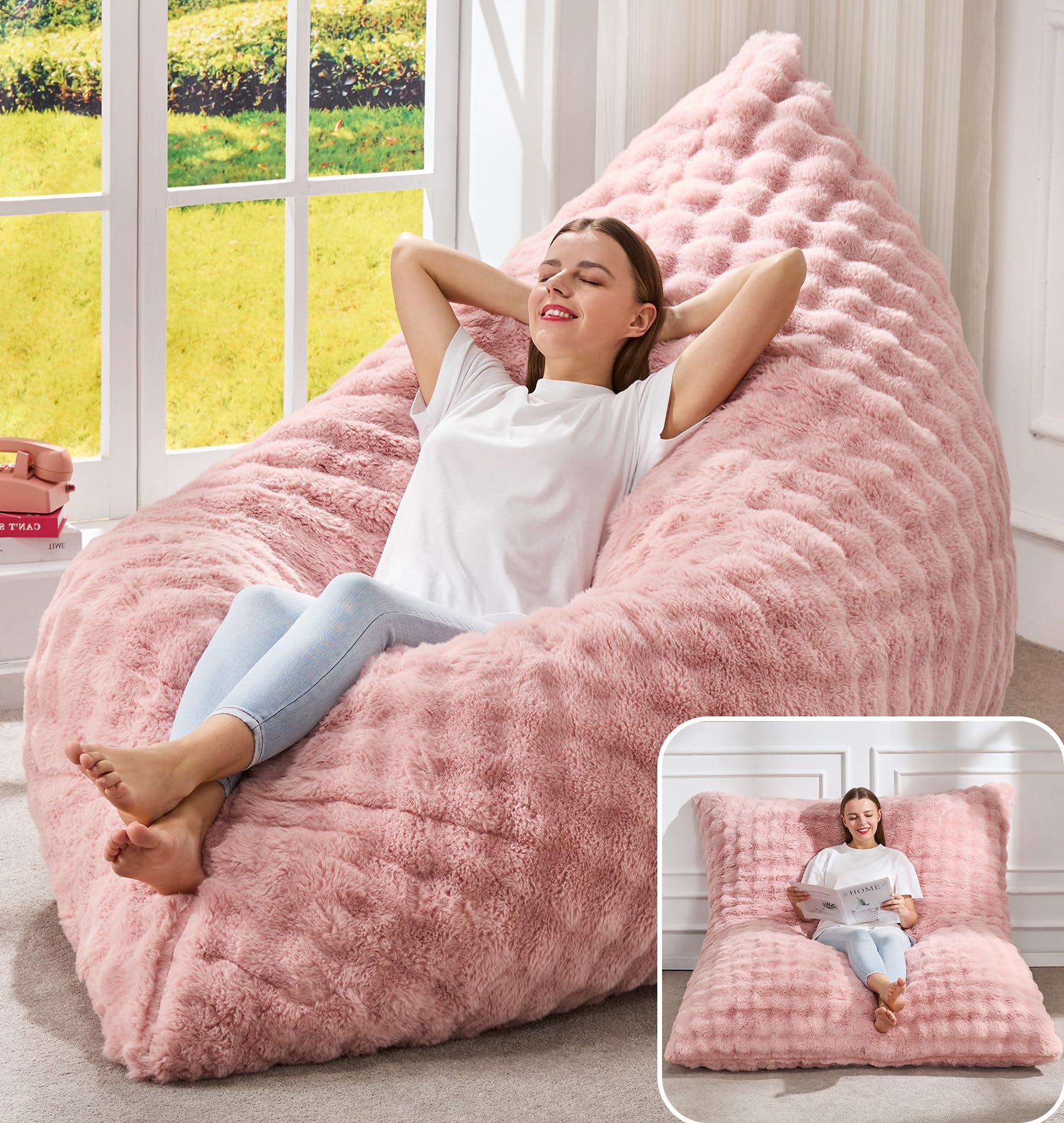 Hobestluk 3 in 1 Bean Bag Chair Giant Bean Bag Chairs for Adults with Bubble Cover Convertible Bean Bag Floor Cushion with Machine Washable Cover for Living Room (Bubble Pink)