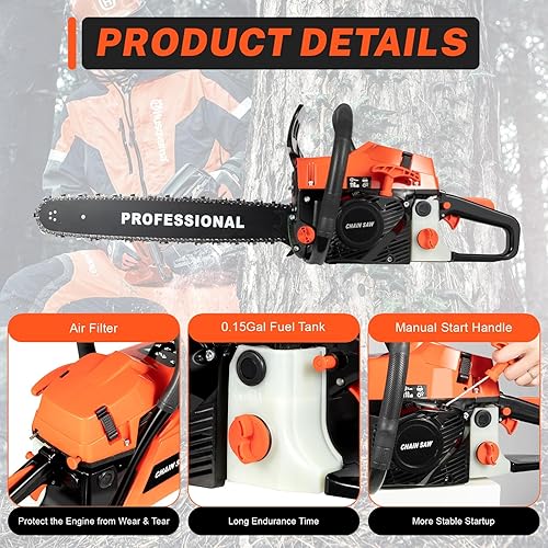 Miniatura 8 de Barra de motosierra accionada a gas de 62CC 20 pulgadas, motor accionado por motor de 2 tiempos, sierra de carpintería, trabajo de corte de sierra