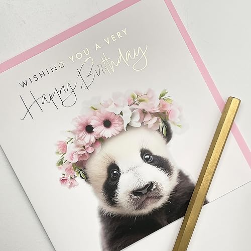 Miniatura 4 de Old English Co. Baby Panda Bear Very Happy Birthday Card - Tarjeta de cumpleaños con diseño floral de panda para mujer, interior en blanco con sobre