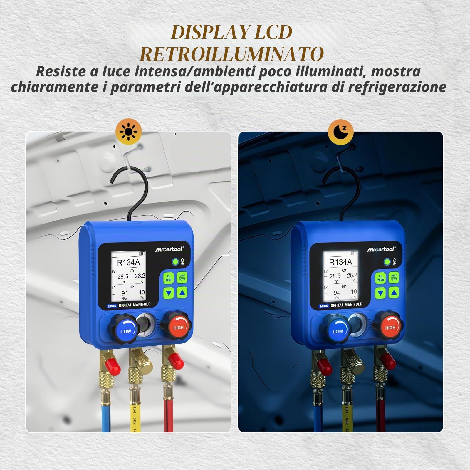 Refrigerante aiuto per il montaggio, distributore digitale con 92 refrigeranti, dati digitale, indicatore refrigerante, L205 HVAC R32 R134A R12 R410A R11