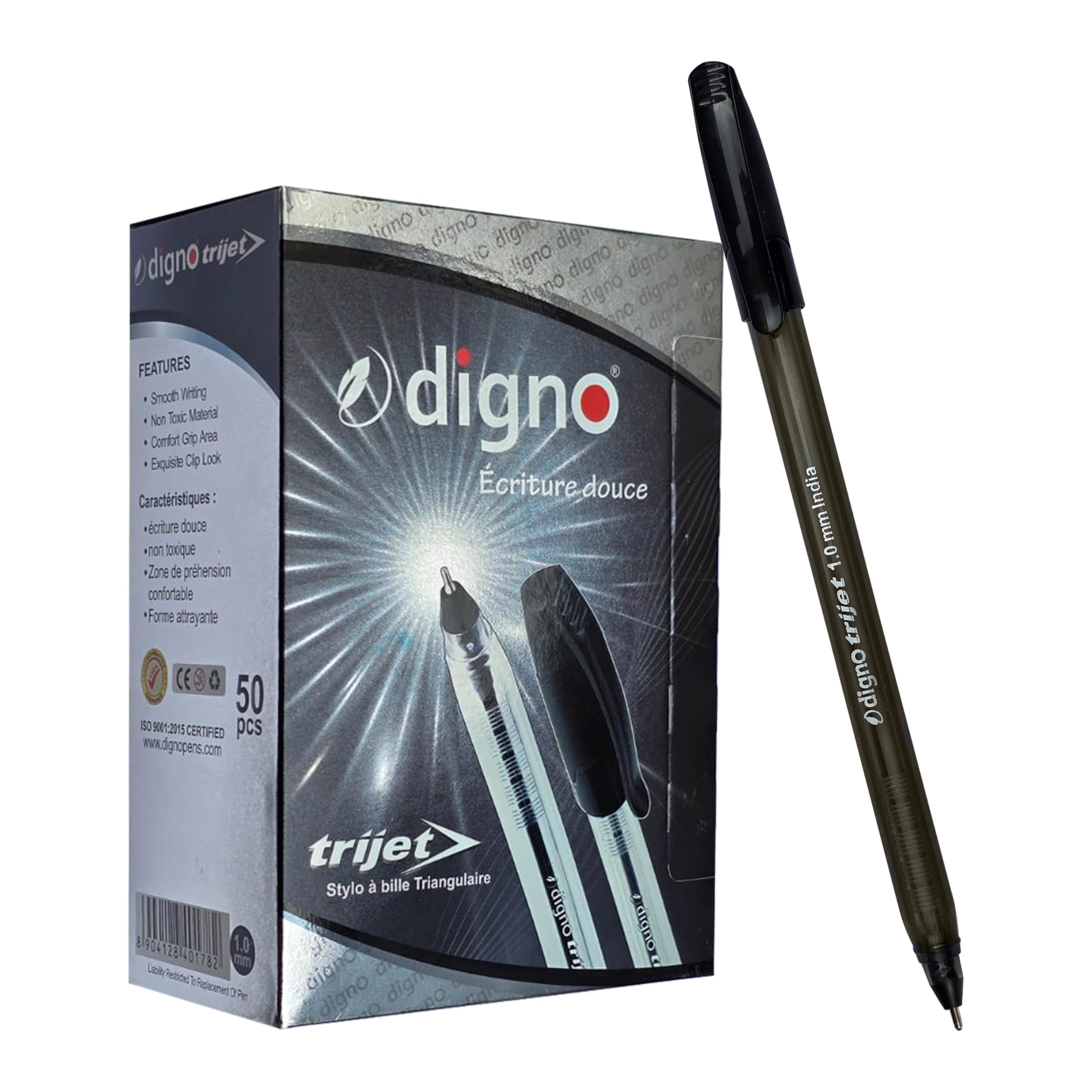 DIGNO Tri-Mate Ballpoint Pens, BLACK, Medium Point (1.0mm), Pack of 100, Multipack, Triangular Grip, Bulk Pack, School Office Home Business Hospital Use