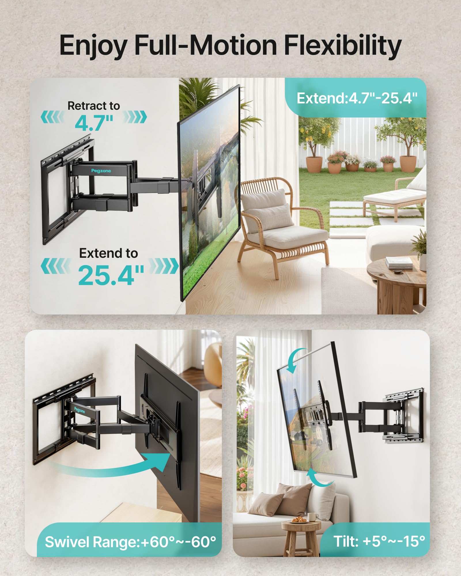 PEGZONE Soporte TV de Pared Doble Brazo 37-90", hasta 80 kg | Soporte televisión orientable e inclinable, ultrarresistente, VESA máx. 600x400, para TV LED, LCD, OLED y QLED