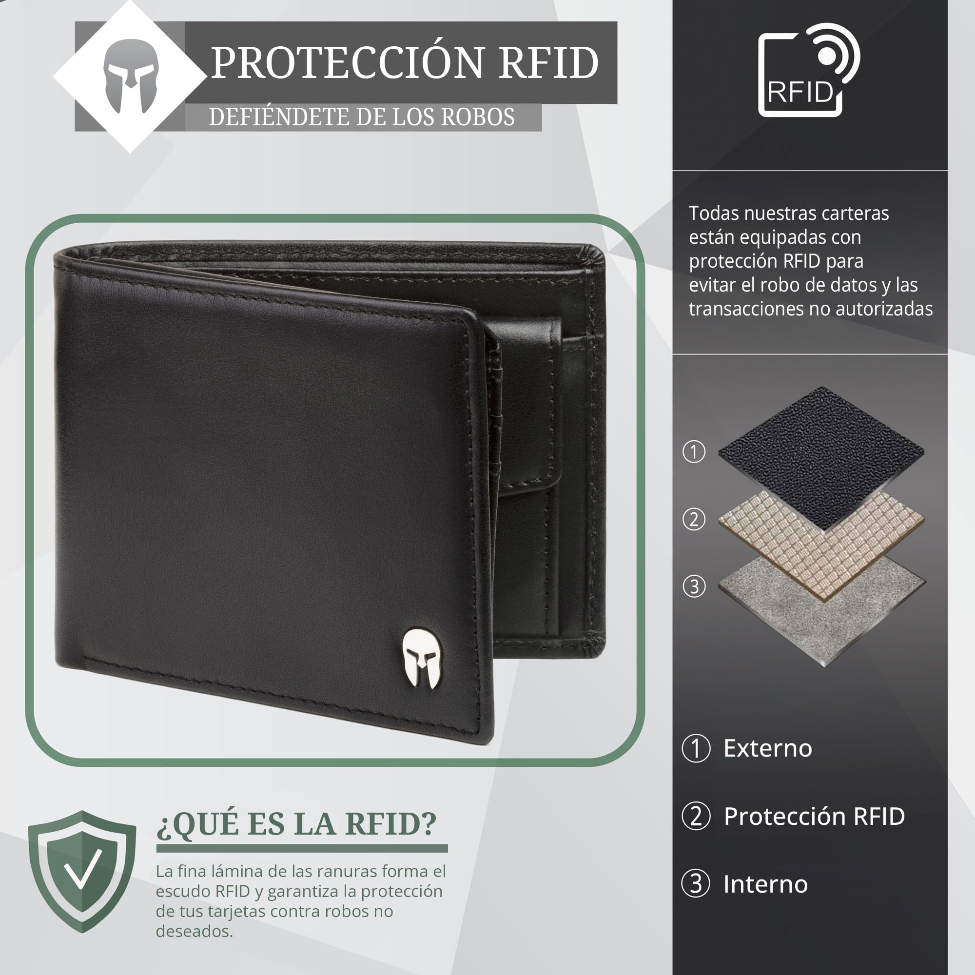 SPARTANO Carteras para Hombre con protección RFID, 11 Ranuras para Tarjetas de crédito, 1 Bolsillo para Monedas, 2 Compartimentos para Billetes, 3 Bolsillos internos - Zeus (Negro)