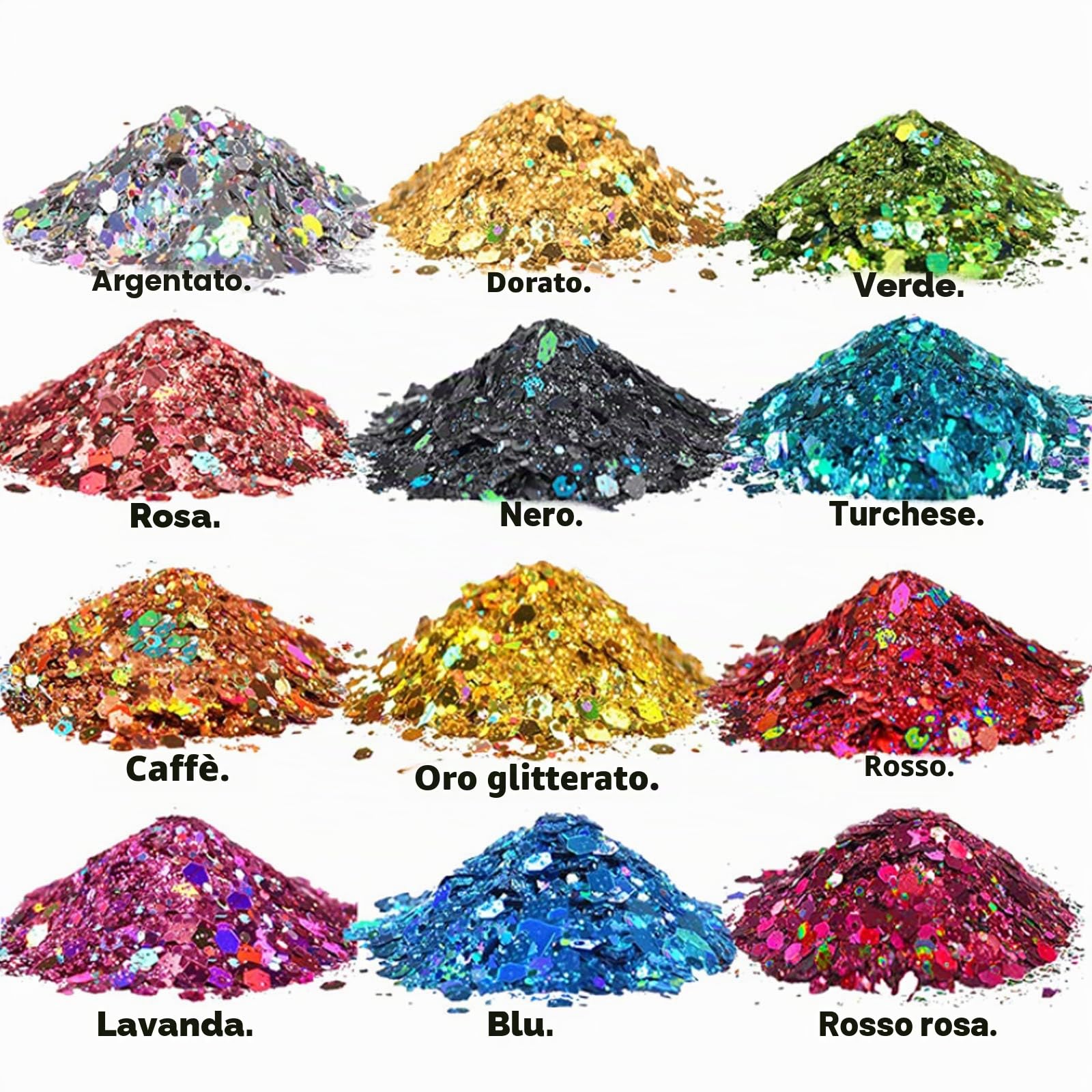 HEMOER 12 Colori Glitter Grosse Olografiche, 144g Holographic Chunky Glitter per Corpo, Paillette per Resina Epossidica, Capelli, Unghie, Viso, Trucco del Festival