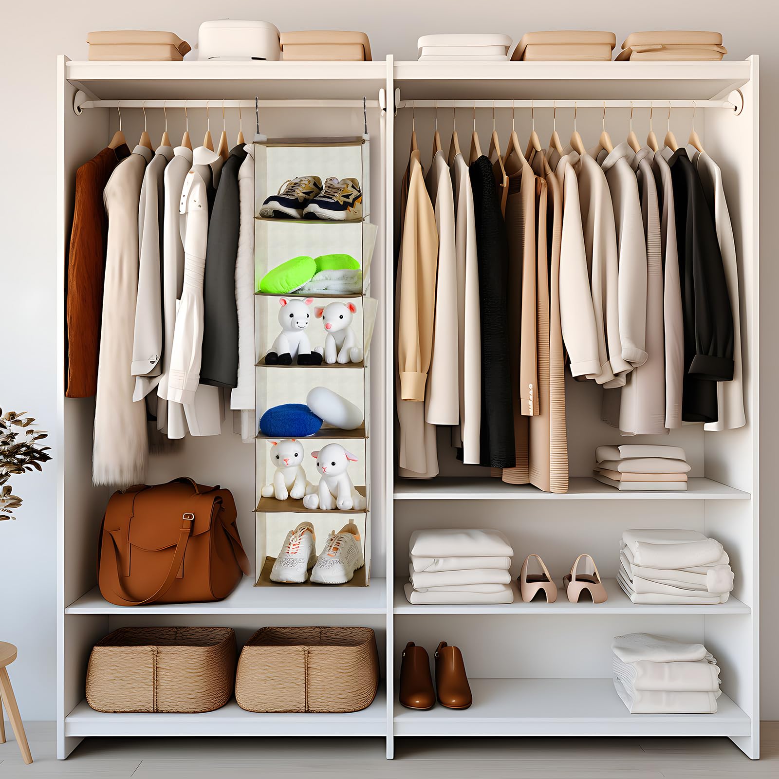 Leinuosen Regal mit 6 Etagen, Hängeregale für Schrank mit 2 stabilen Haken zur Aufbewahrung, für Wohnheim, 3 Stück, faltbar (Beige)