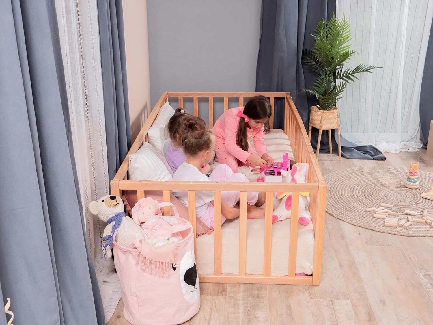 Toddler Bed Frame with 21.7" High Railings, Made in Europe from Alder Wood, 7 Colors Customizable Montessori Floor Bed, Kids Twin Bed Frame Painted With Water Based Paint, 5 sizes Kids Beds (Model 19)