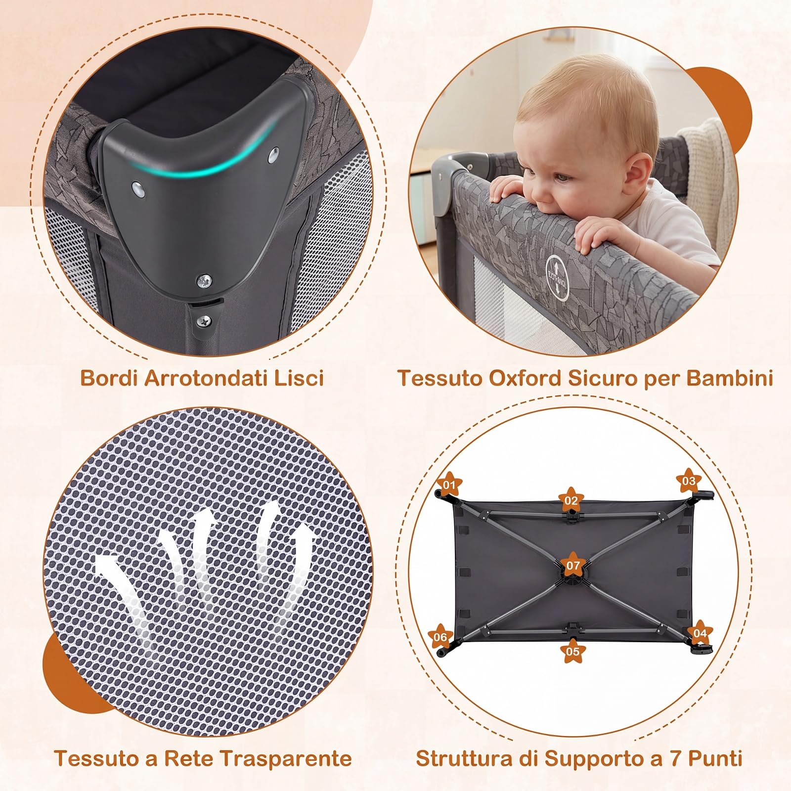 COSTWAY 4 in 1 Culla Co-sleeping Pieghevole per Neonato, 0-3 Anni | Lettino da Campeggio per Bambini con Ruote, Fasciatoio e Meterasso Rimovibile, Carillon e Giocattoli, Altezza Regolabile