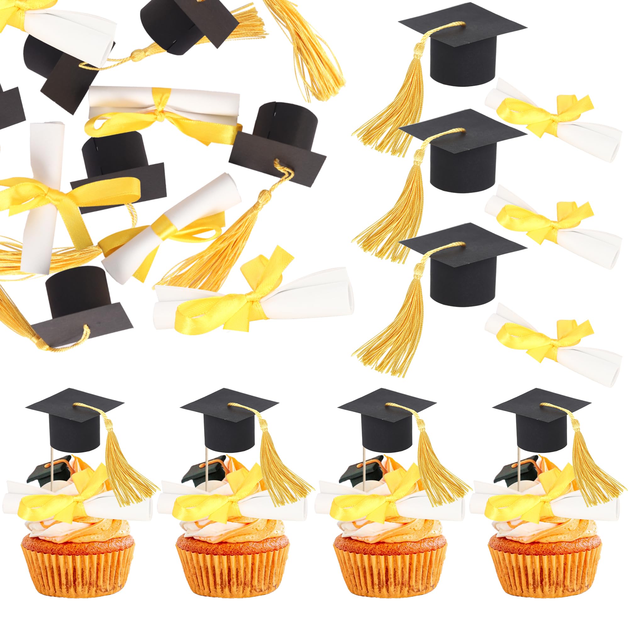 Xsstarmi 24 Pack Congrats Grad Cupcake Toppers Diploma Done Grad Cap Cupcake Picks Class of 2026 Graduation Cupcake Decorations for Prom 2026 Graduation Theme Party Cake Decorations Black Gold