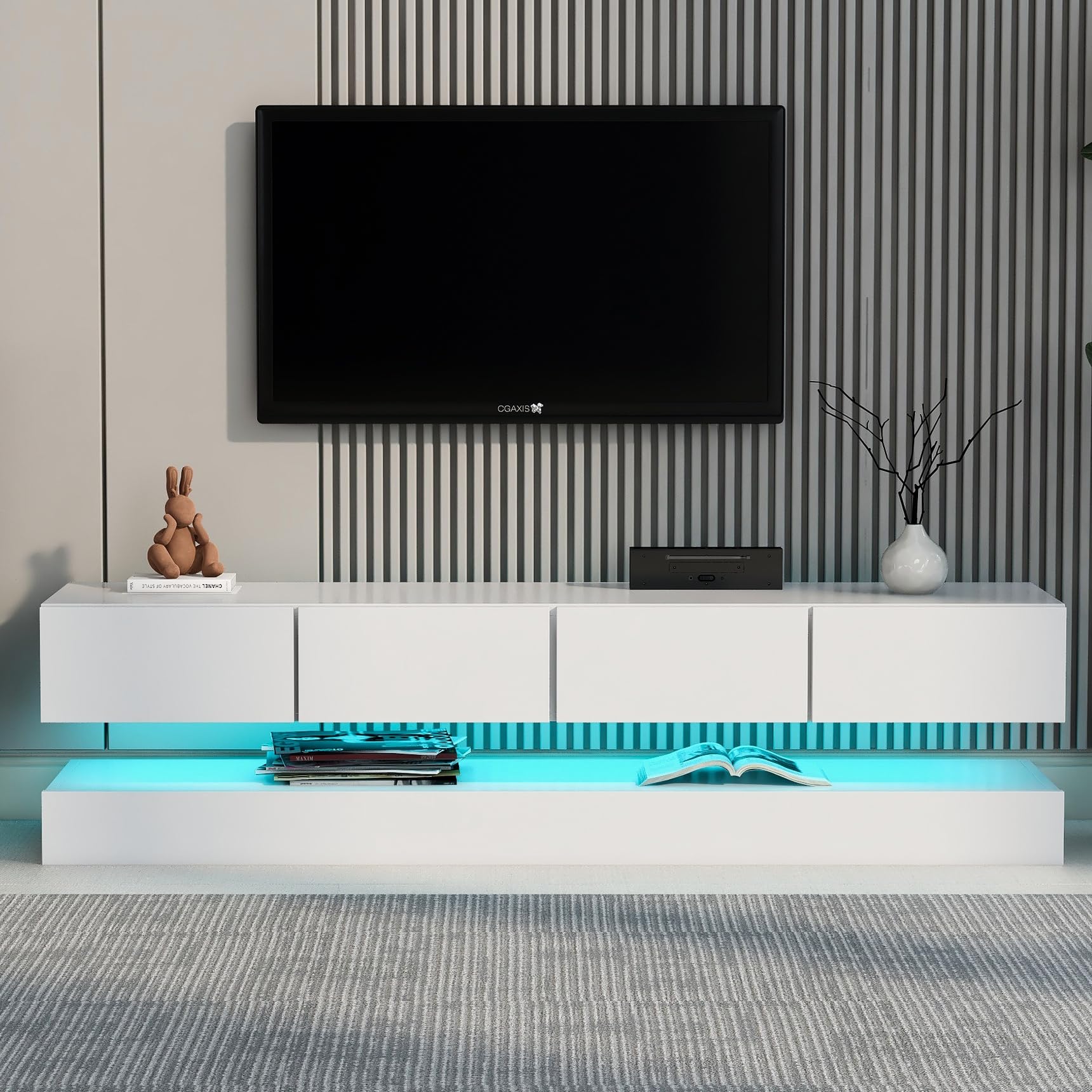 Merax meuble et tv bas brillant avec éclairage LED moderne - Meuble TV avec tiroirs - Pour téléviseur de 155 cm - Contrôle par application - Blanc