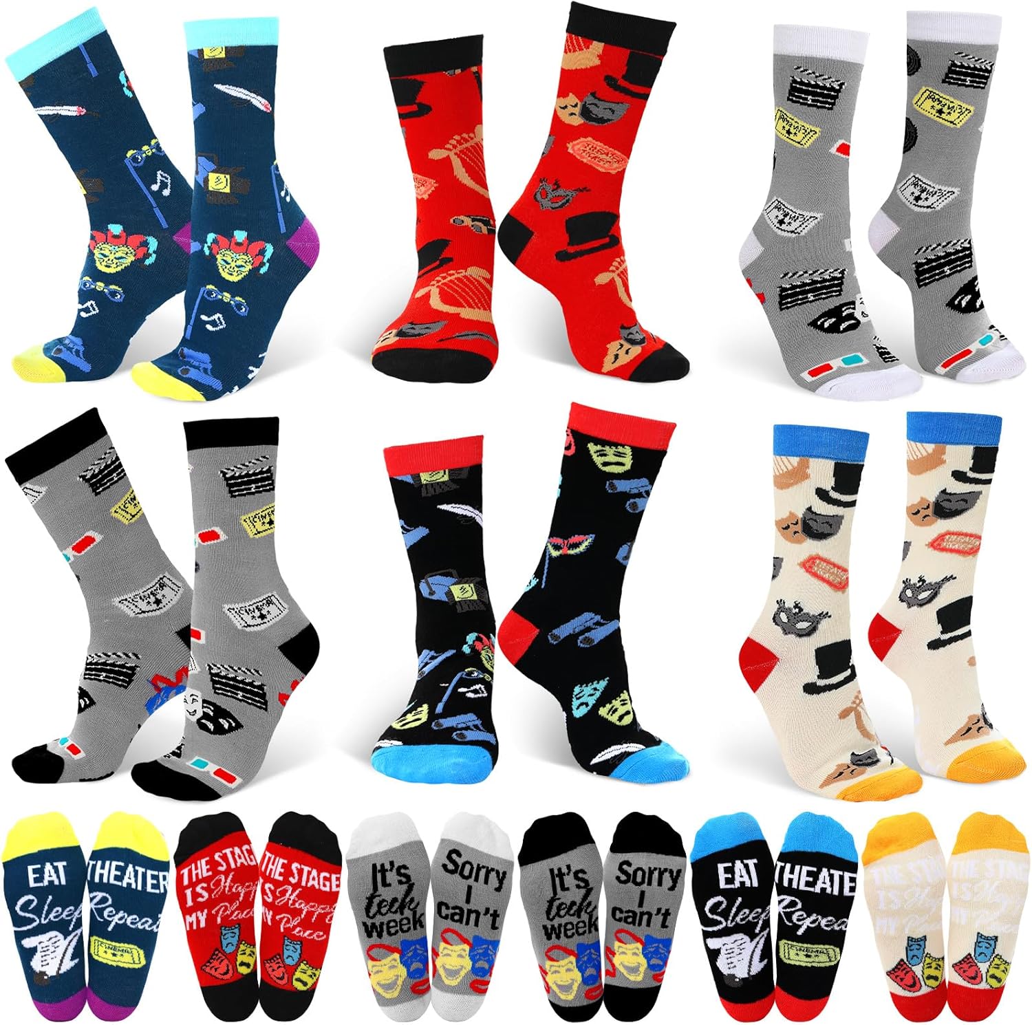6 Pairs Funny Theatre Socks for Men Women Gifts Clothing Broadway Musical Theater Lover Gifts Drama Socks