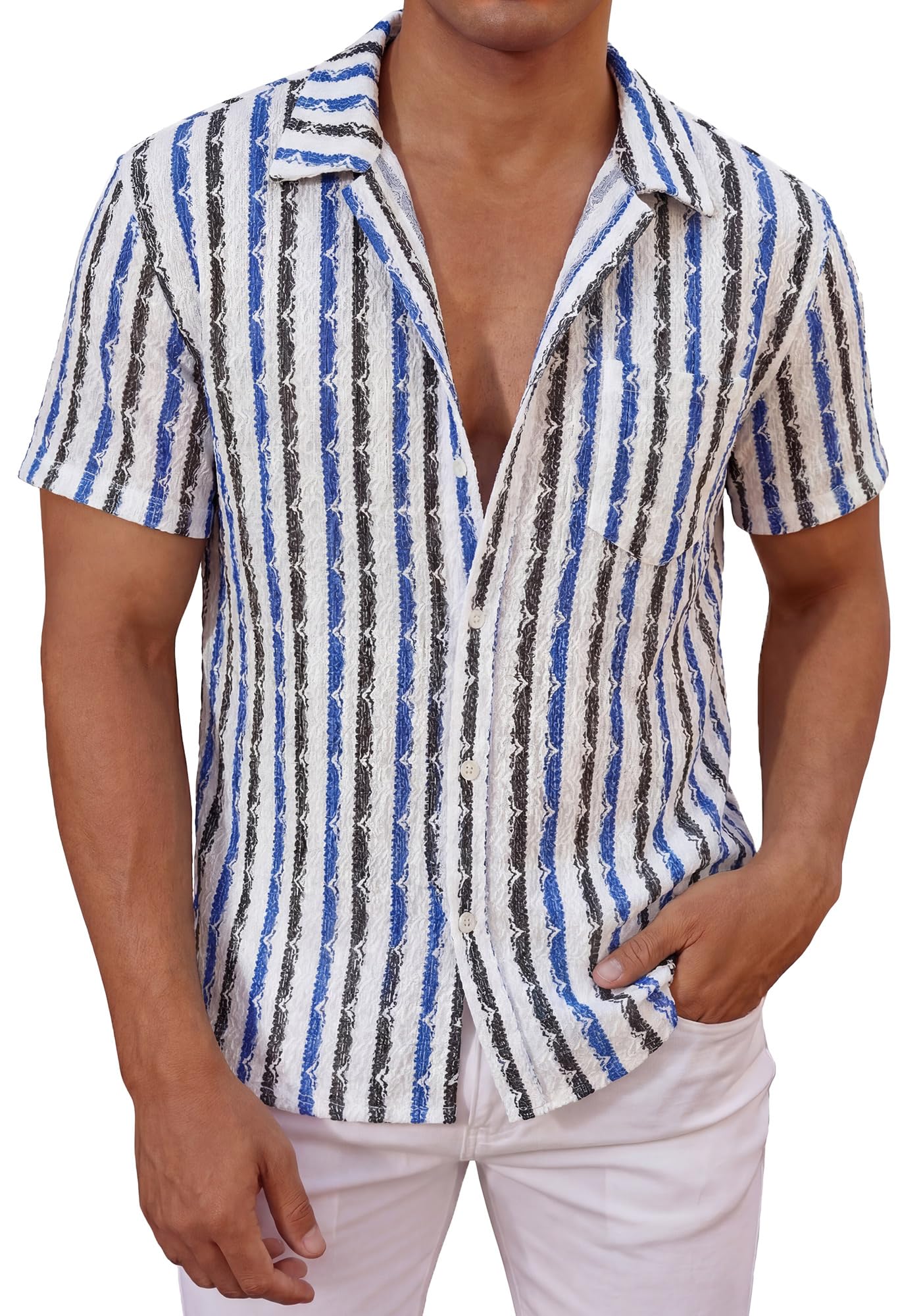 AIEOE Camicia hawaiana da uomo, effetto maglia, a righe, stile retrò, casual, con bottoni, colletto a risvolto, per le vacanze, per il tempo libero, taglie S-XXL