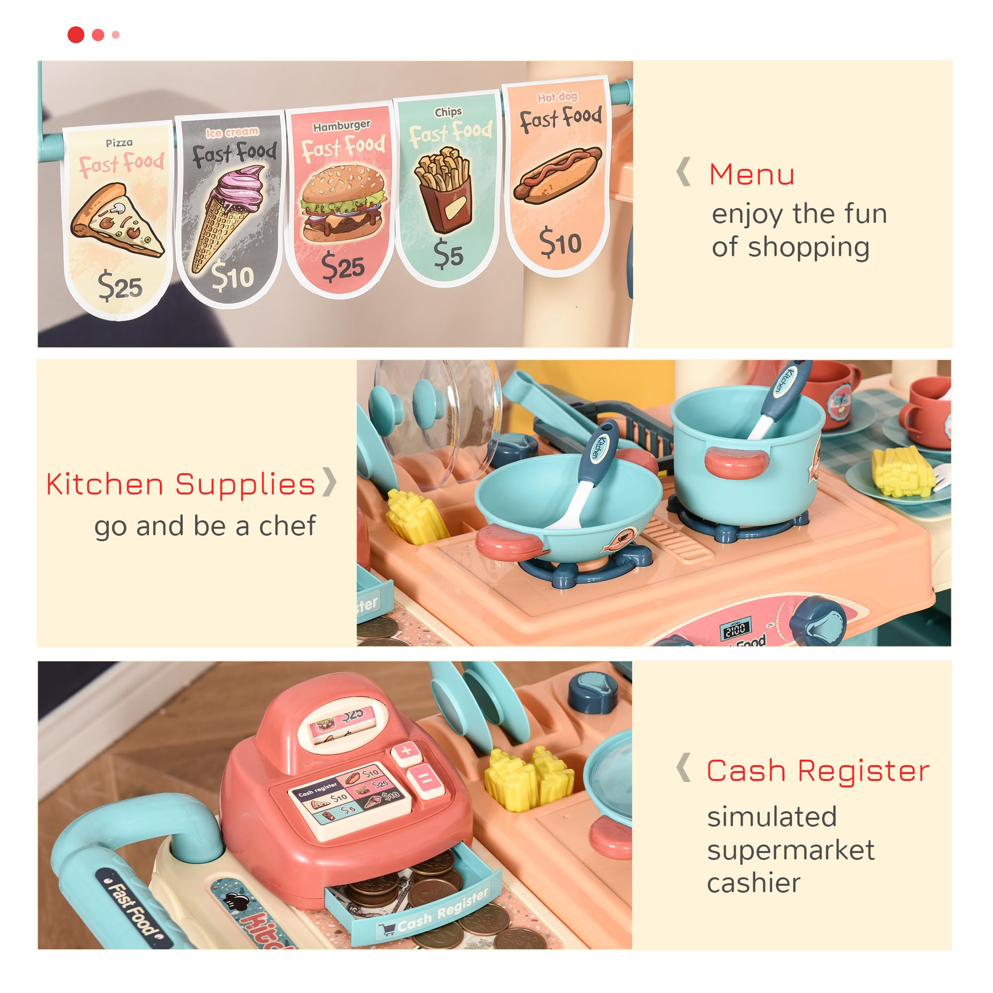 HOMCOM Zestaw kuchenny z wózkiem fast food, prezent, 3-6 lat, 50 szt.
