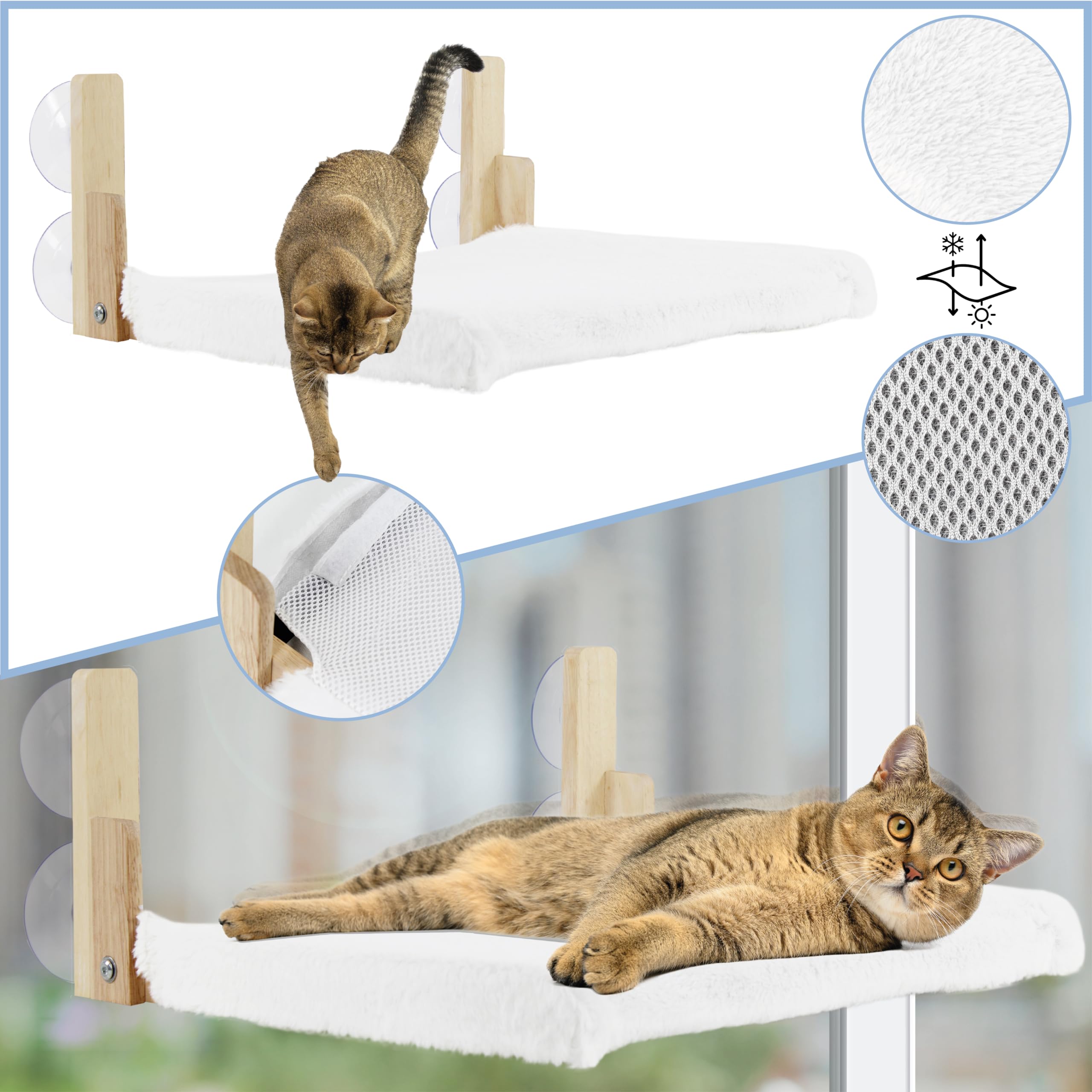 Hamaca Gato Ventana. Hamaca Gato de Madera Plegable - Cama Gato Ventana con Manta Reversible para Invierno y Verano - Hamaca para Gatos con 4 Ventosas - Cama Ventana para Gatos - Cama Gatos Ventana