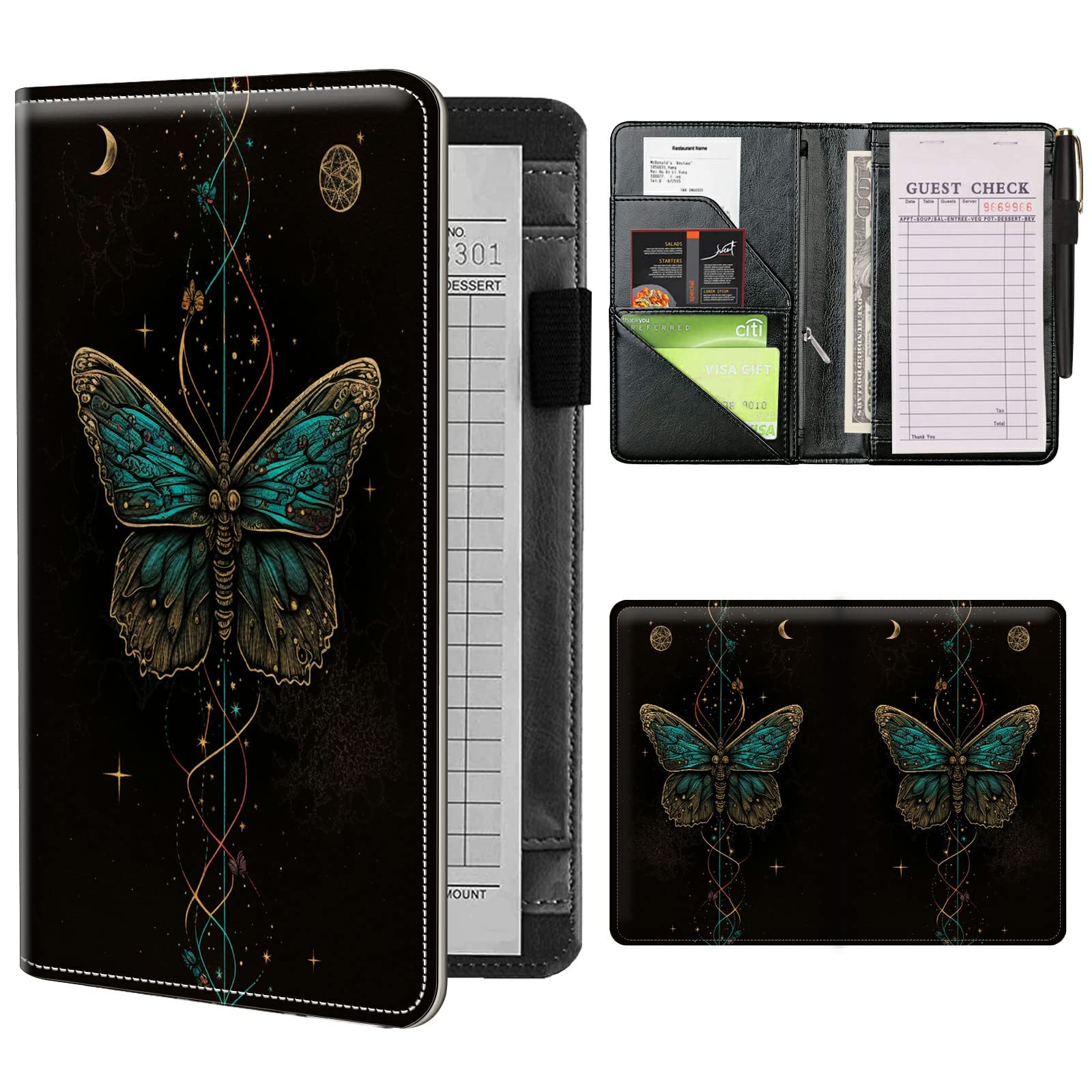 Server Books for Waitress Waiter with Zipper Pocket, Butterfly Space Leather Server Pads Waitstaff Organizer Guest Check Presenters Server Wallet Money Holder Pouch Fit Apron