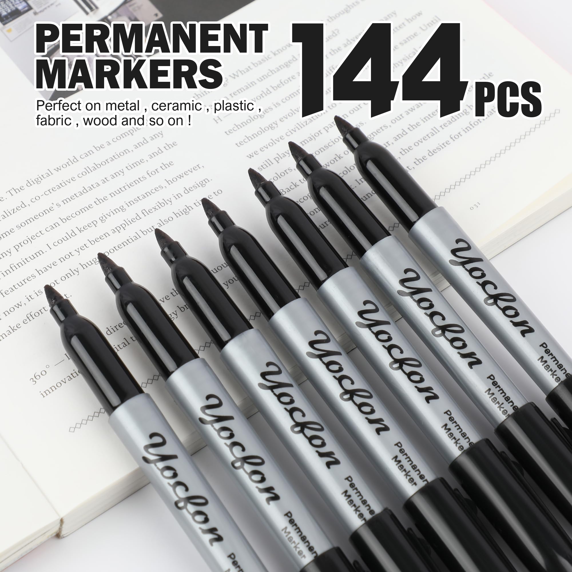 Permanent Markers Bulk 144 Count Black Permanent Markers Set Fine Tip Waterproof Markers Works On Plastic Wood Stone — view 2