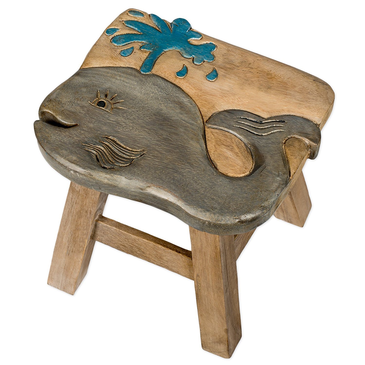 Whale Design Hand Carved Acacia Hardwood Decorative Short Stool