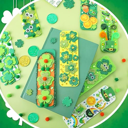 Miniatura 5 de JULBEAR 36 juegos de manualidades del día de San Patricio, marcapáginas de espuma en blanco, juegos de decoración de hojas autoadhesivas de espuma
