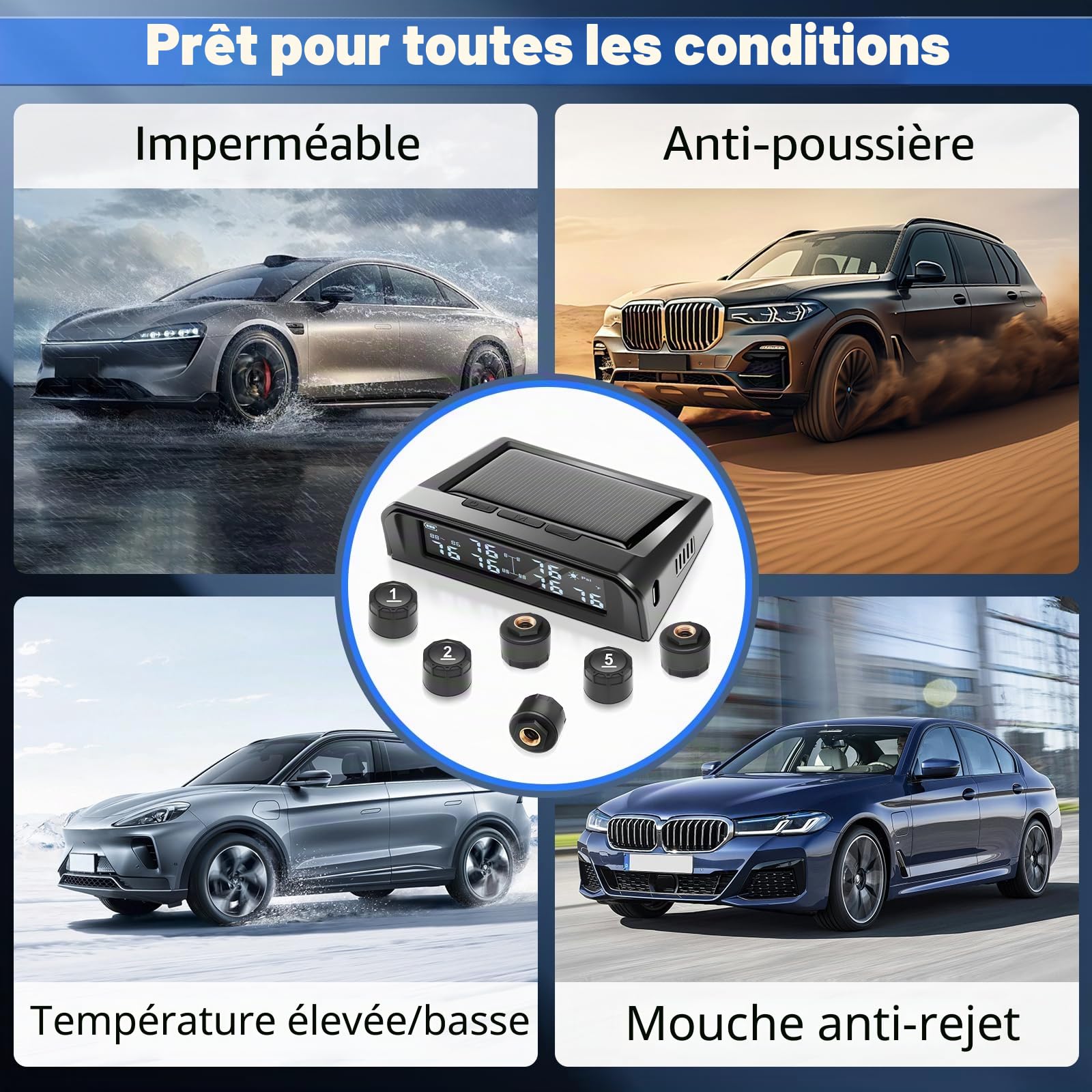 KAOLALI TPMS Système de Contrôle de La Pression Des Pneus avec 6 Capteurs, Haute Précision de 0,01 Bar, Charge Solaire et Charge USB, 9,9 bar/144 PSI Max, 6 Modes D'alarme, Pour Camping-cars et Camion