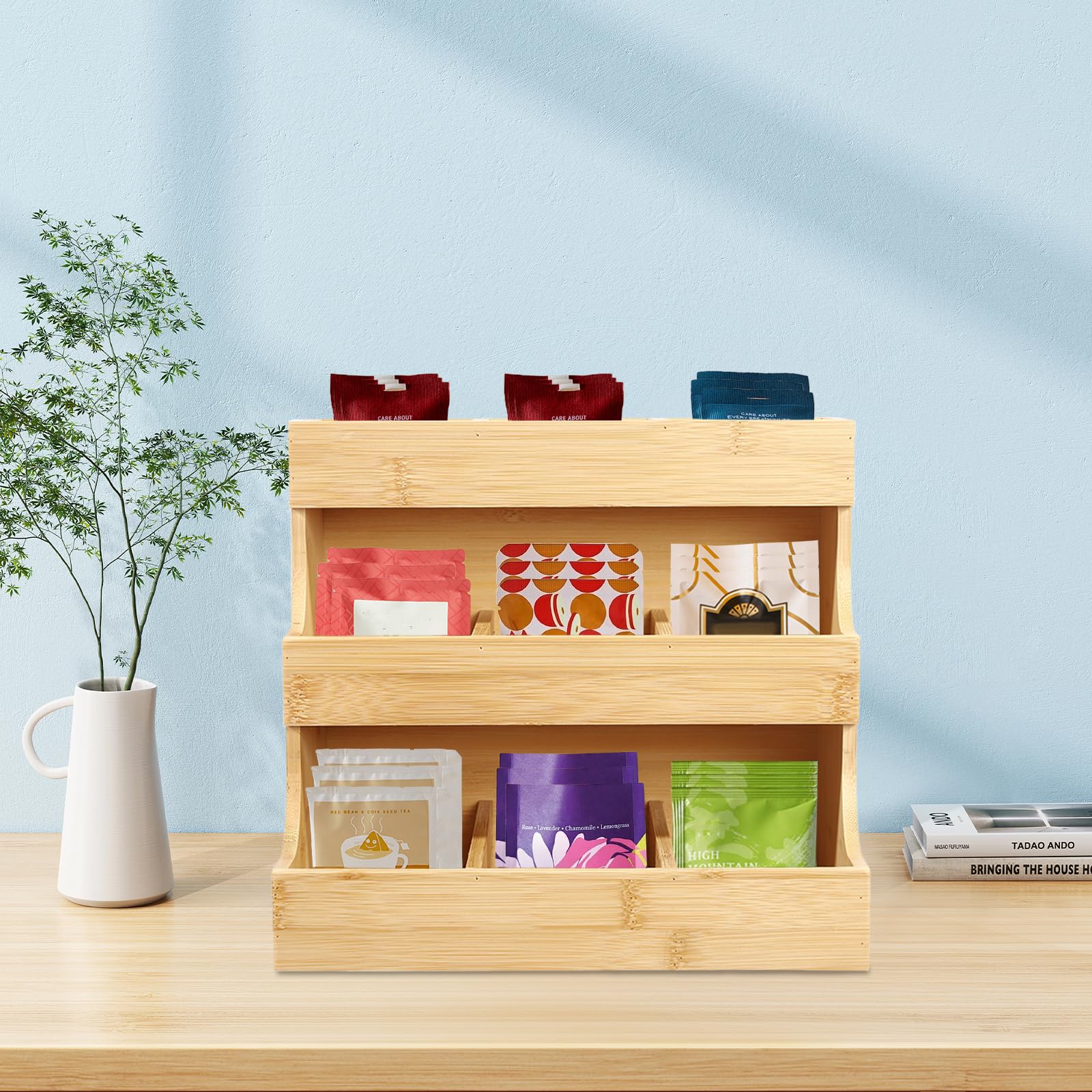 Organizador de 3 niveles con 9 compartimentos, de bambú, grande, natural, para ahorrar espacio, fácil de limpiar, adecuado para el hogar, la oficina, la casa