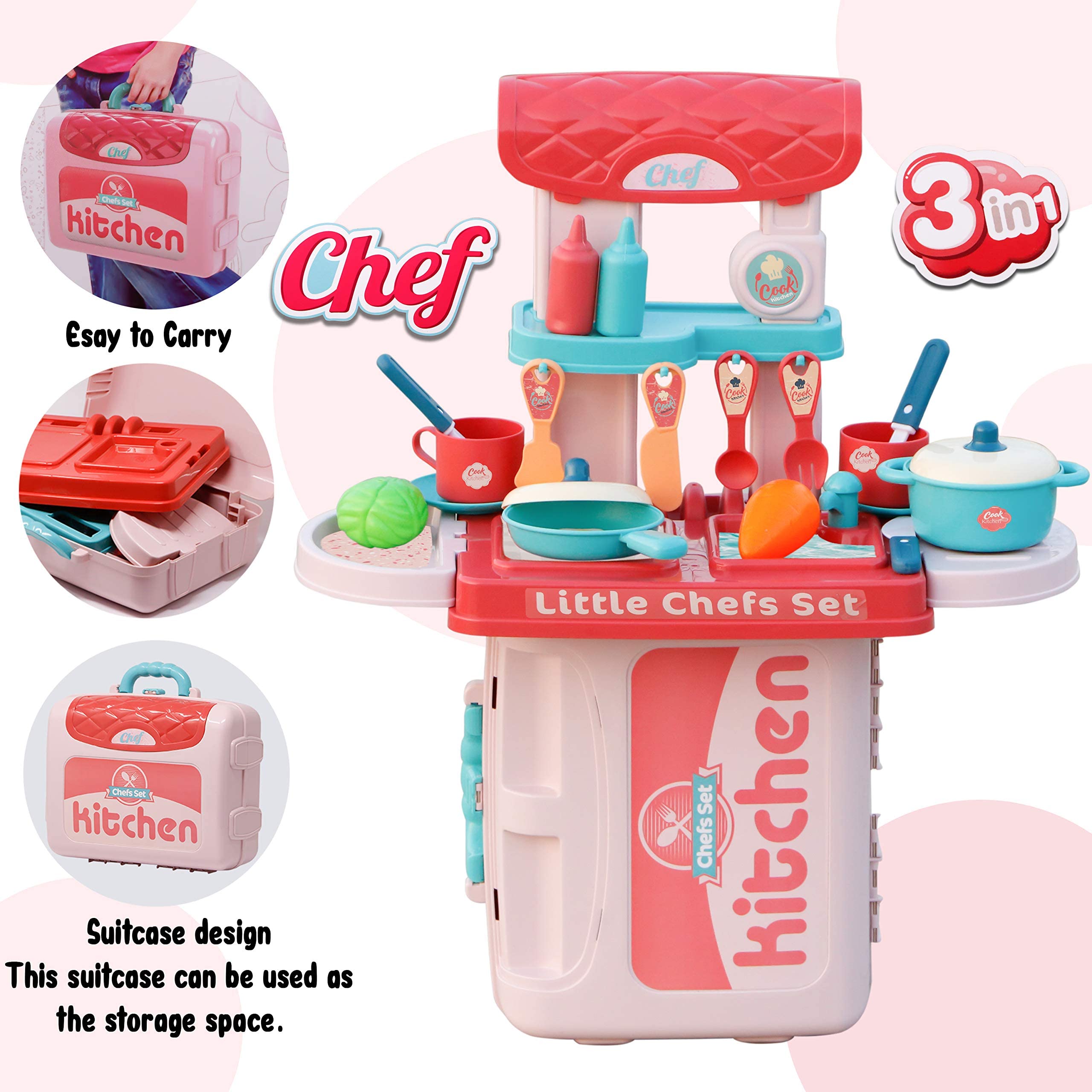 Zest 4 Toyz Kitchen Set for Girls 3-in-1 Portable Suitcase Toy Kitchen Cooking Set with Pots Utensils & Food Toy for Kids (19 Pieces) Role Play Home Game for Girls 3