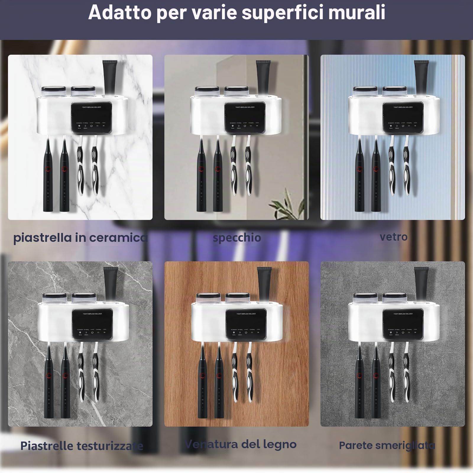 Portaspazzolino da parete con vano portaoggetti, supporto per spazzolino elettrico con funzione di asciugatura e pulizia per il bagno, 4 fessure per pennelli, 2 bicchieri (bianco)