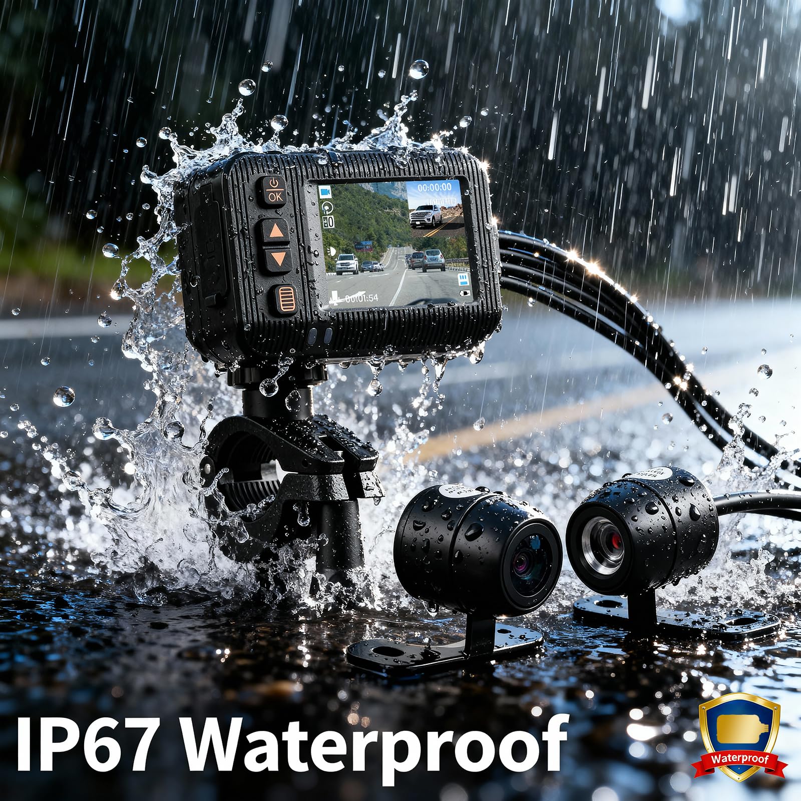 CAMECHO Motorrad Dashcam 2 Zoll Bildschirm, Kamera Doppellinse 1080P Vordere 120° und Hintere 720P 90°, IP67 Wasserdicht, Motorradkamera mit HDR, G-Sensor, Loop-Aufzeichnung