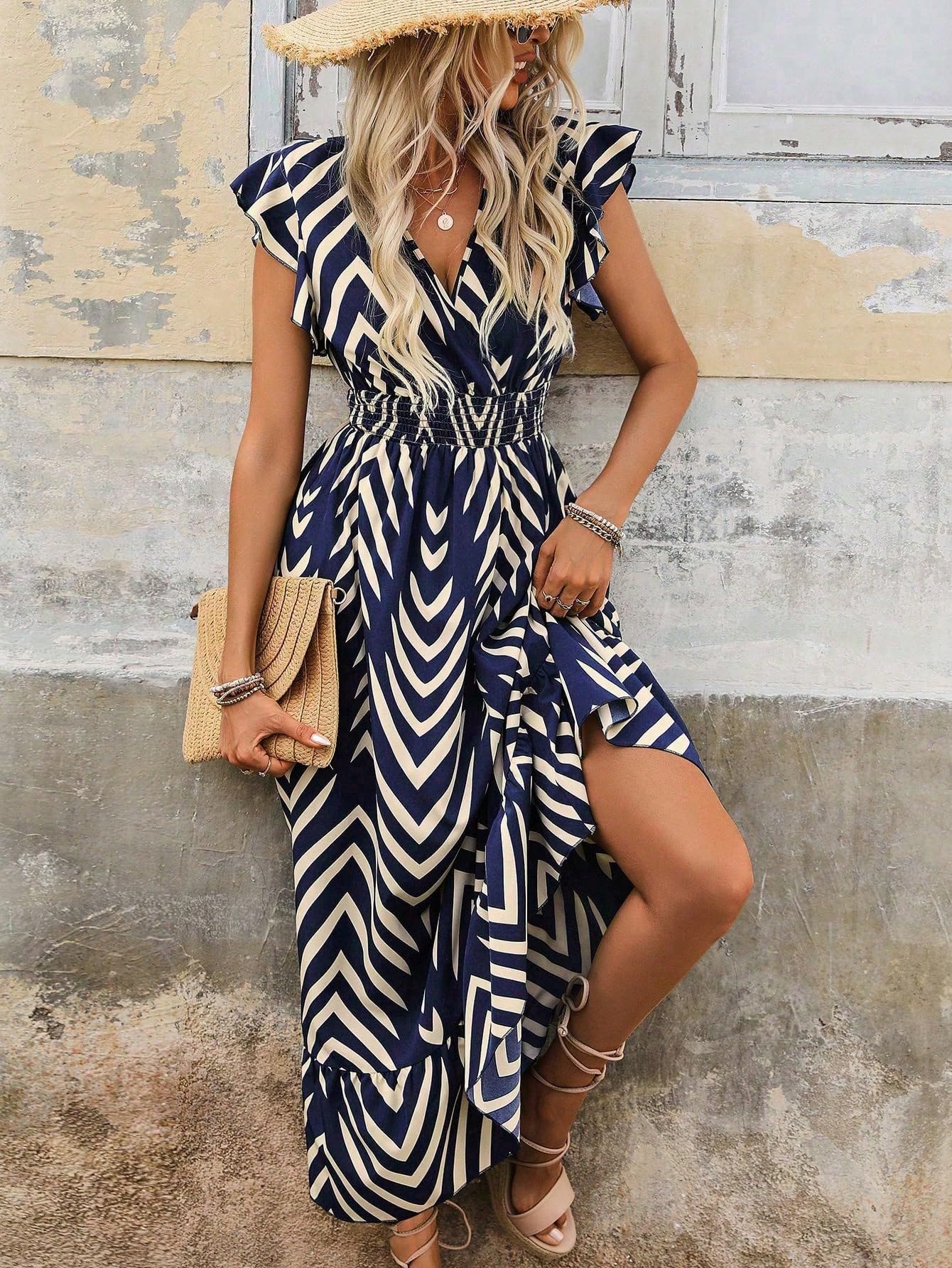 Shasmi Women's & Girl's Navy Blue V-Neck Striped Printed Dress With Ruffled Hem And Belted Waist For Vacation, One Piece Dress For Women's Casual Dress (Dress 140 N Blue-L)