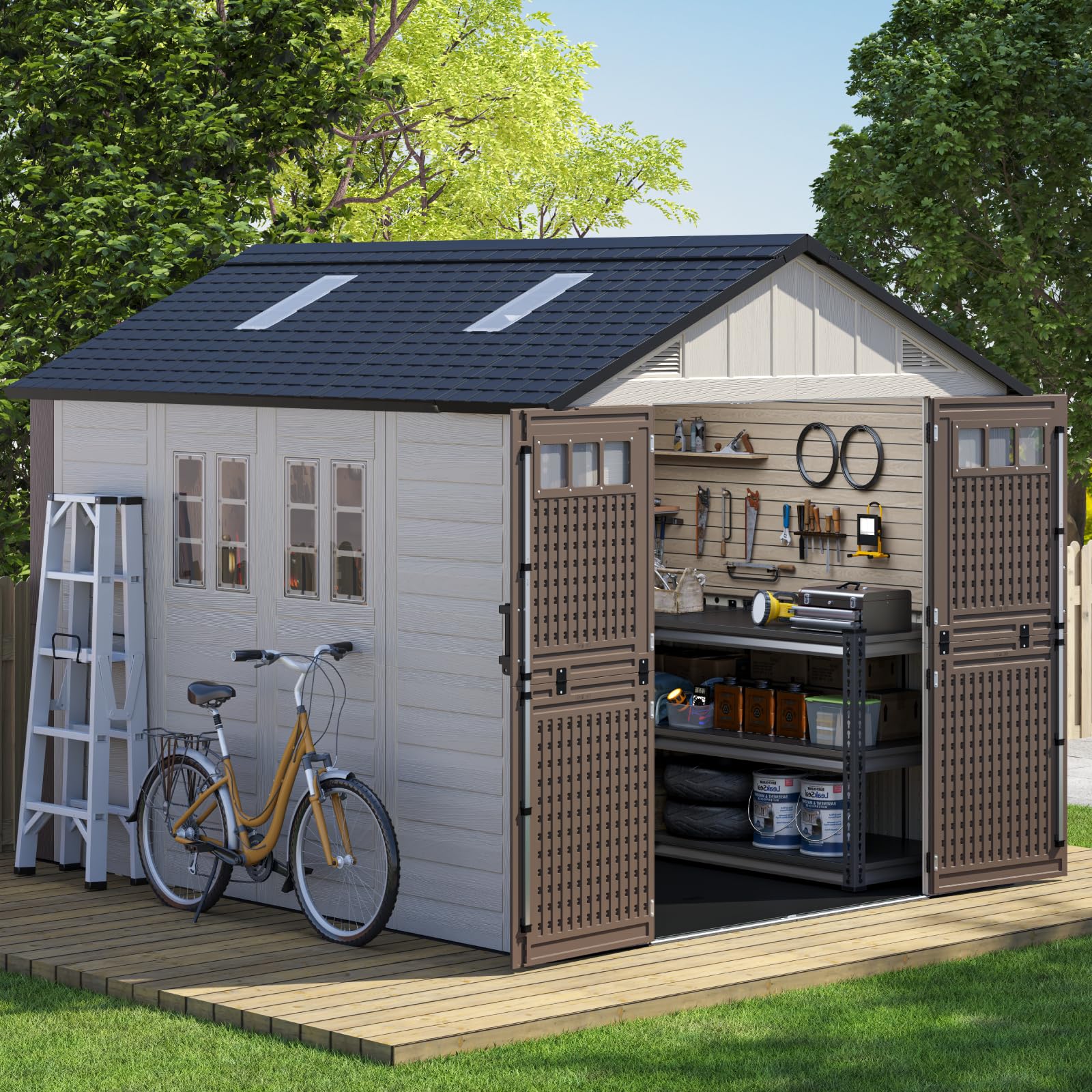 8x10 Ft Outdoor Storage Shed with Floor, Large Resin Outdoor Sheds