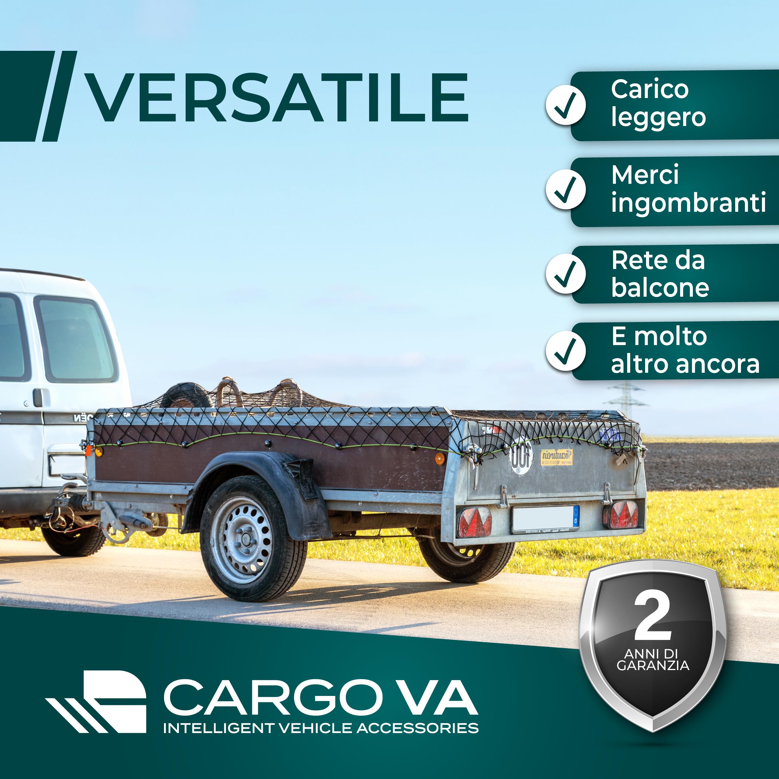 CargoVA - Rete elastica espandibile 1x2 fino a 2x3M - Rete elastica nera con corda elastica e marcatura angolare - per un fissaggio perfetto del carico