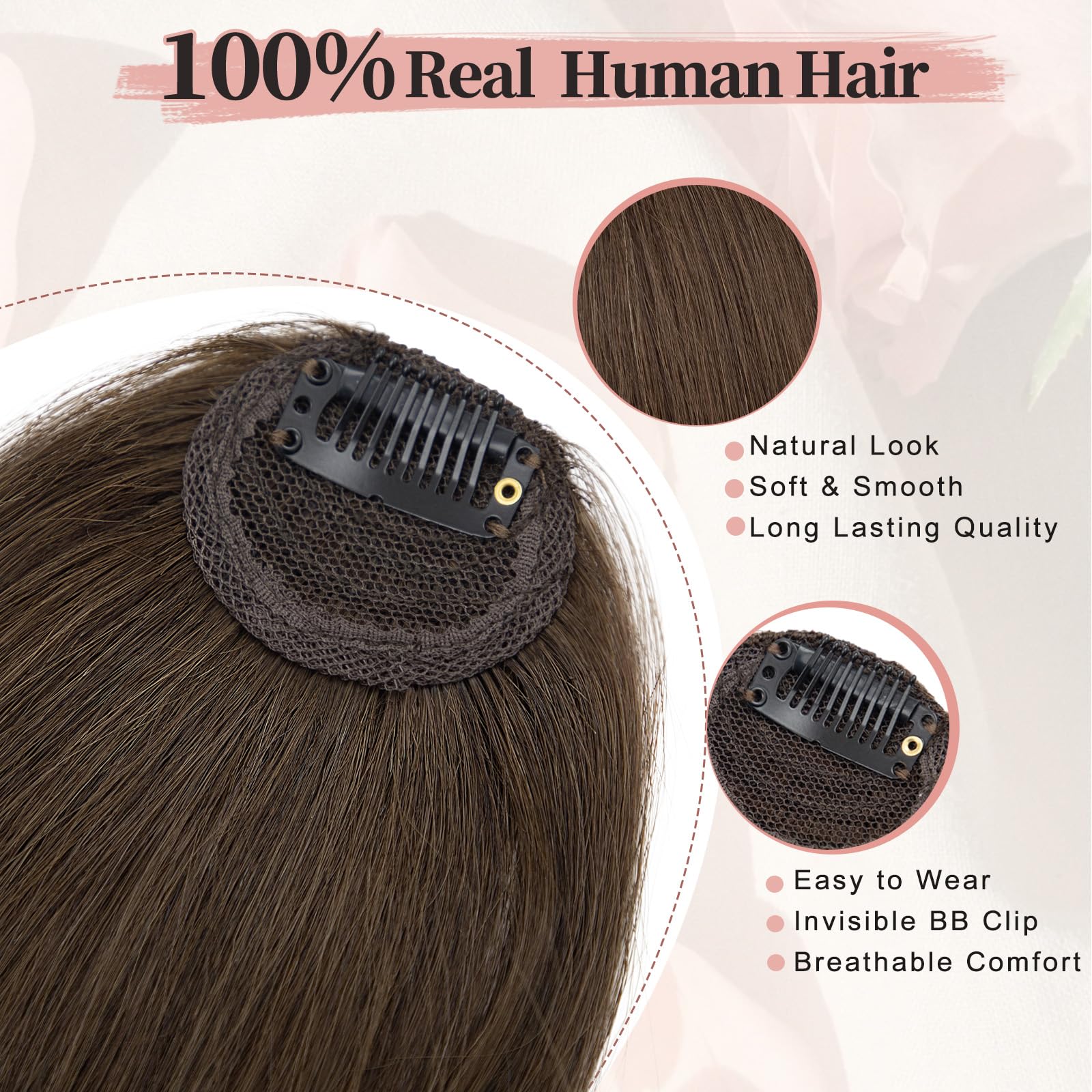 EINAEY Clip-in-Pony, 100 % Echthaar, mittelbraun, künstlicher Pony, Haarteile für Damen, Pony, Haarclip mit Bügel, Wispy Pony, Clip-in-Haarverlängerungen für den täglichen Gebrauch