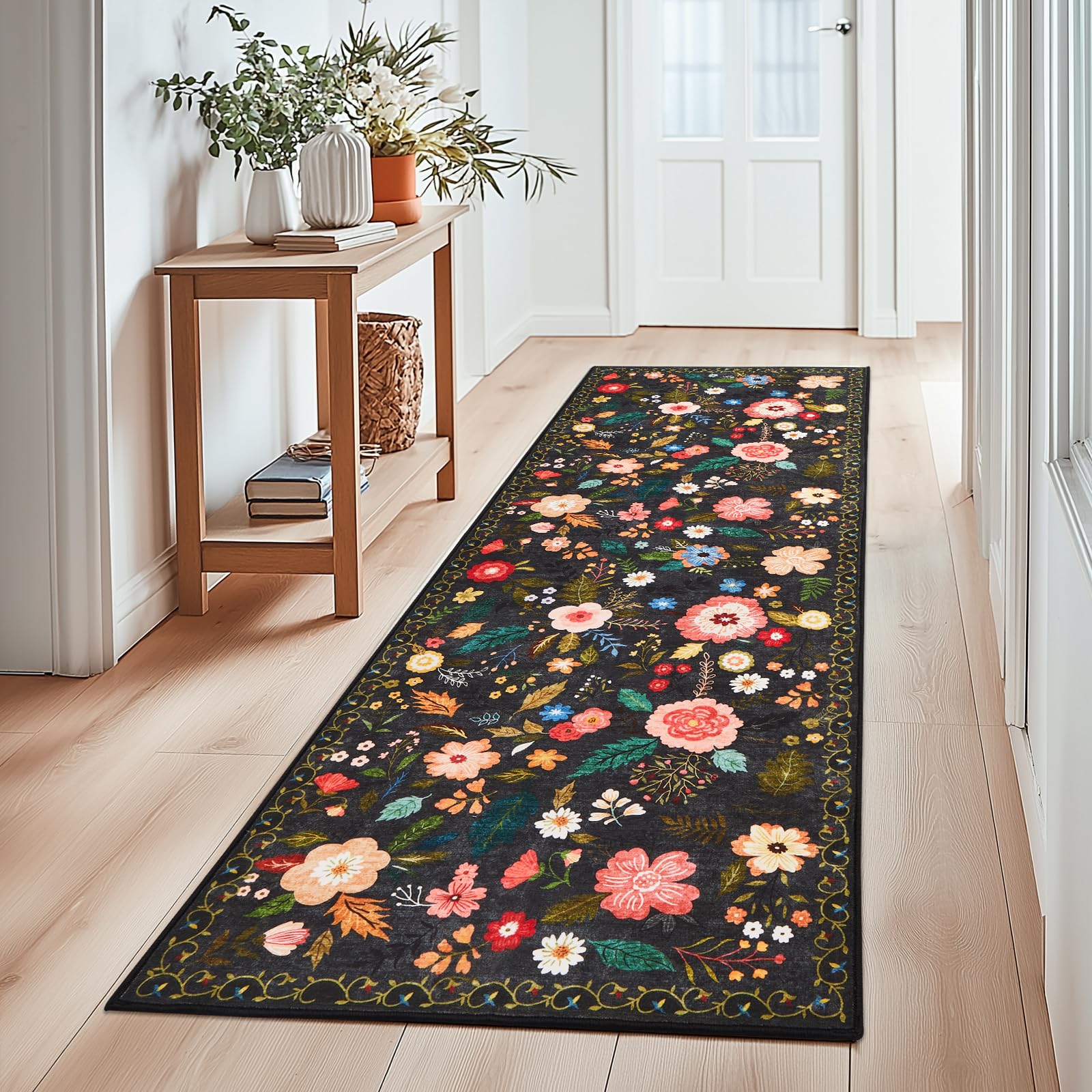 Puremy Waschbarer Flur Teppich Kurzflor Läufer, Vintage Blumenmuster Niedriger Flor, Wohnzimmerteppich Weich Teppiche für Bettvorleger Matte/Deko/Schlafzimmer/Kinderzimmer, 80x150cm, Schwarz