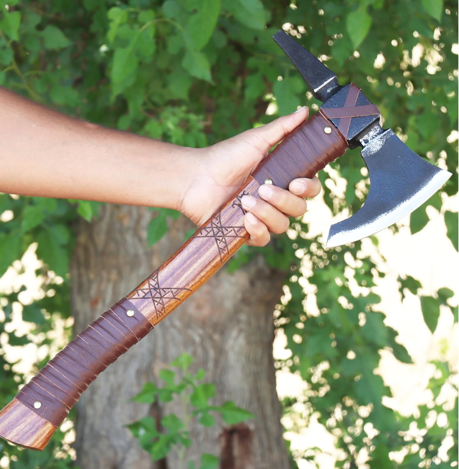 Handmade Carbon Steel Tomahawk Axe, Viking Axe with Beech Wooden Handle, Camping Axe, Chopping Axe, Bushcrafting Hatchet, with Premium Leather Sheath