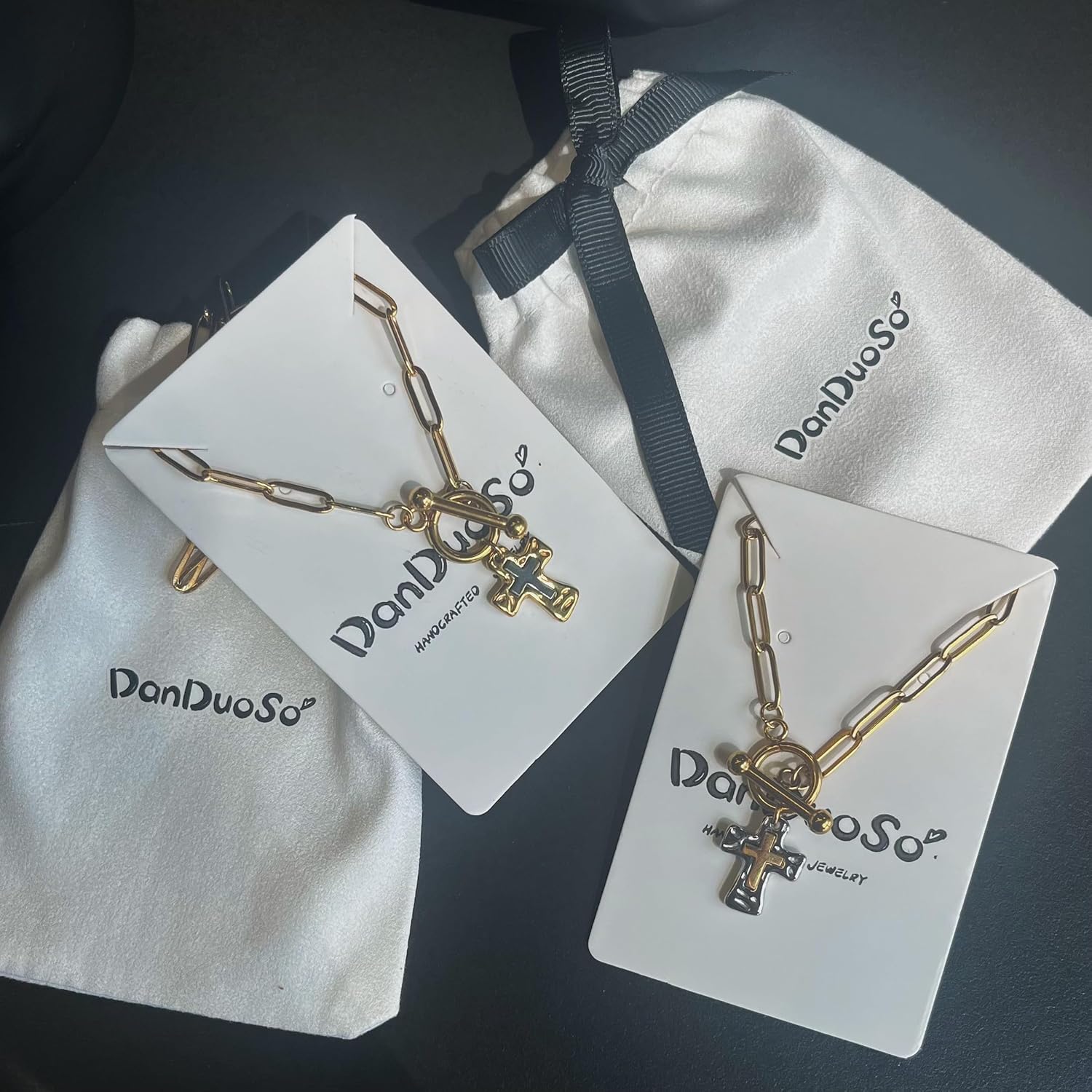 Chunky Cross Necklace for Women Two-Tone Hammered Cross Pendant Necklace Elegant Jewelry for Women 14k Gold or Silver Plated A Faith-Inspired Statement Piece for Religious Christian Jewelry 19.68 inch Paperclip Chain - Image 6