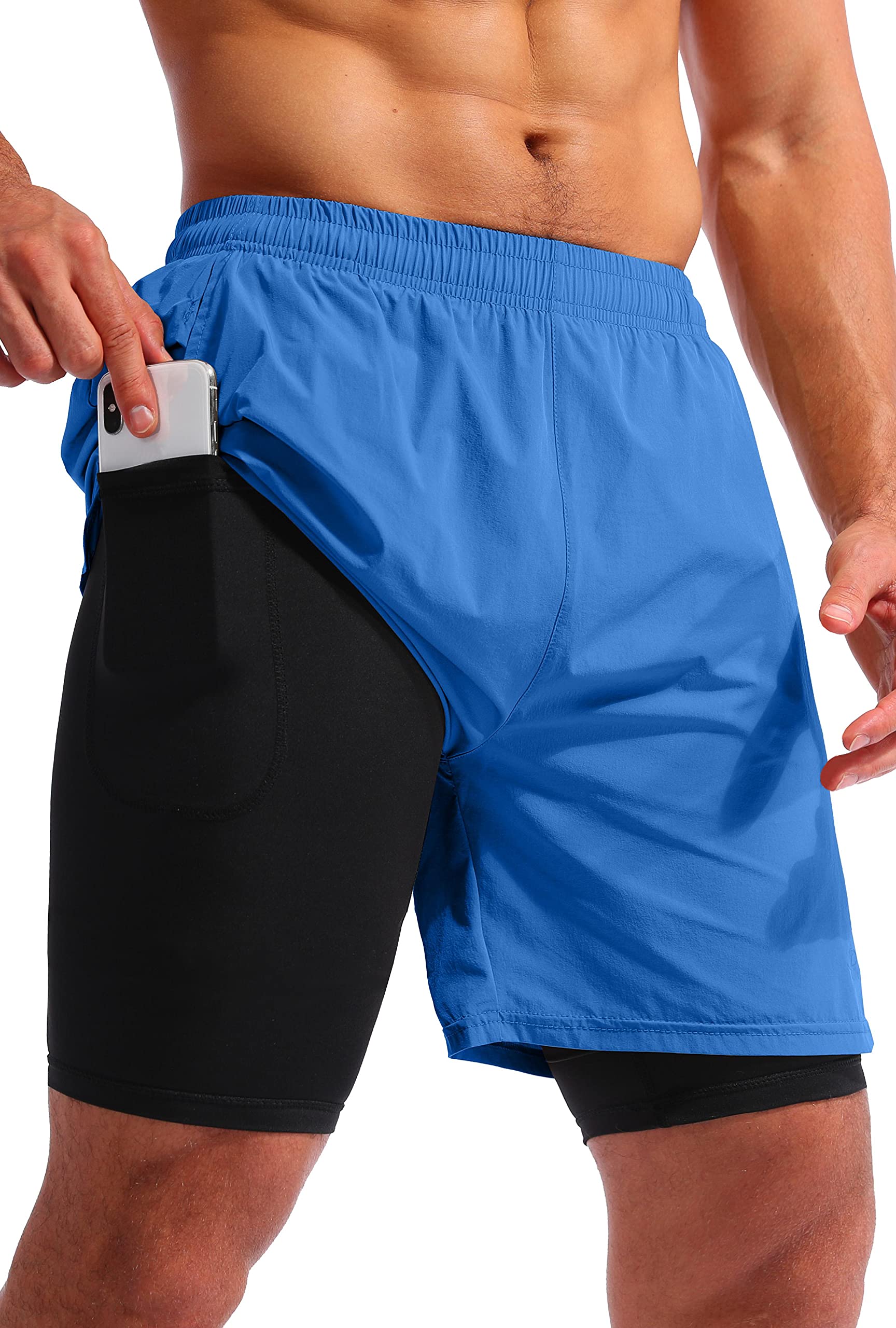Pudolla Men’s 2 in 1 Running Shorts 5" Quick Dry Gym Athletic Workout Shorts for Men with Phone Pockets