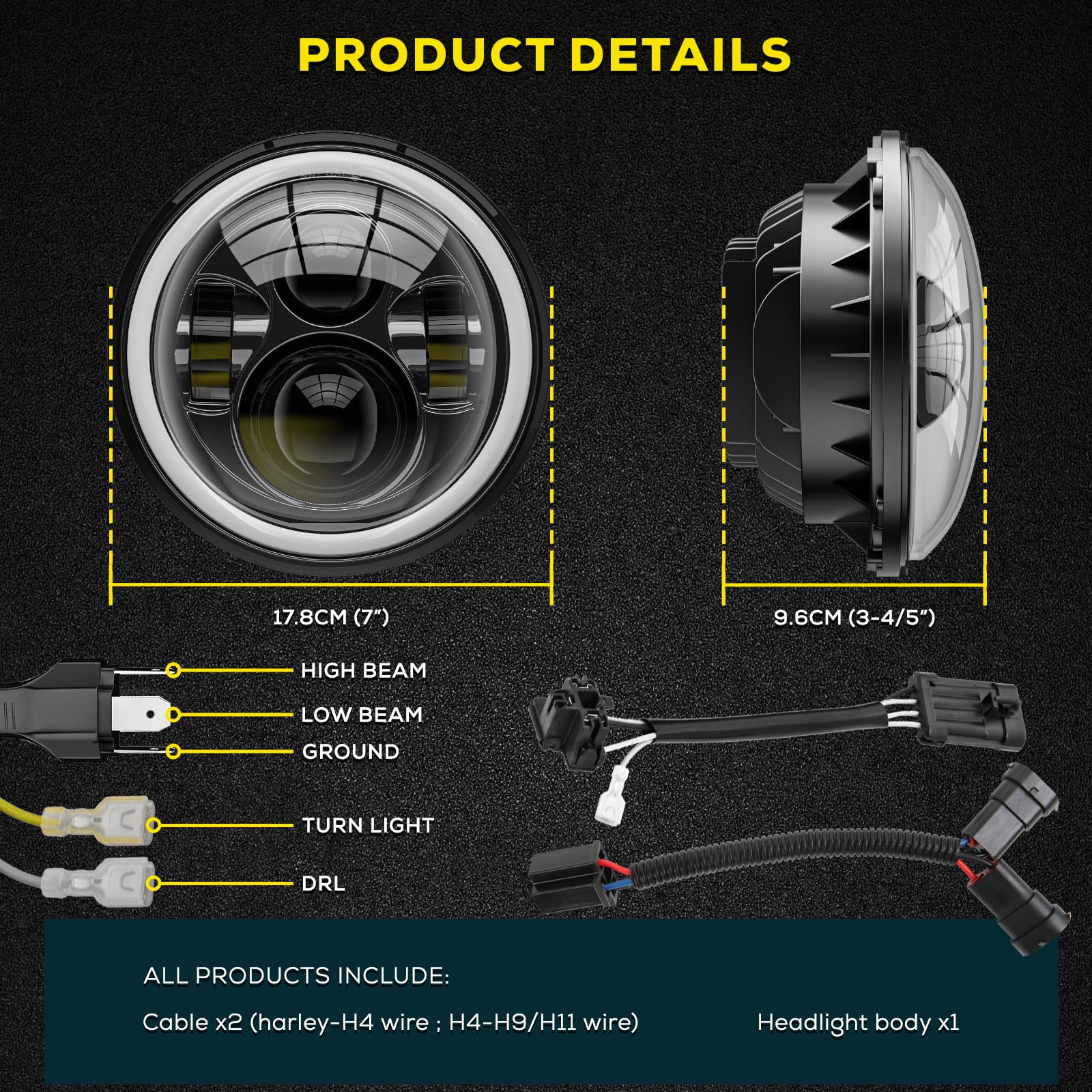 DREAMIZER Faro LED per Moto da 7 pollici con DRL Bianco Angel Eye Indicatore Ambra Compatibile con Harley Electra Glide, Softail 1984-2018, Street Glide 2006-2014, Wrangler JK TJ.