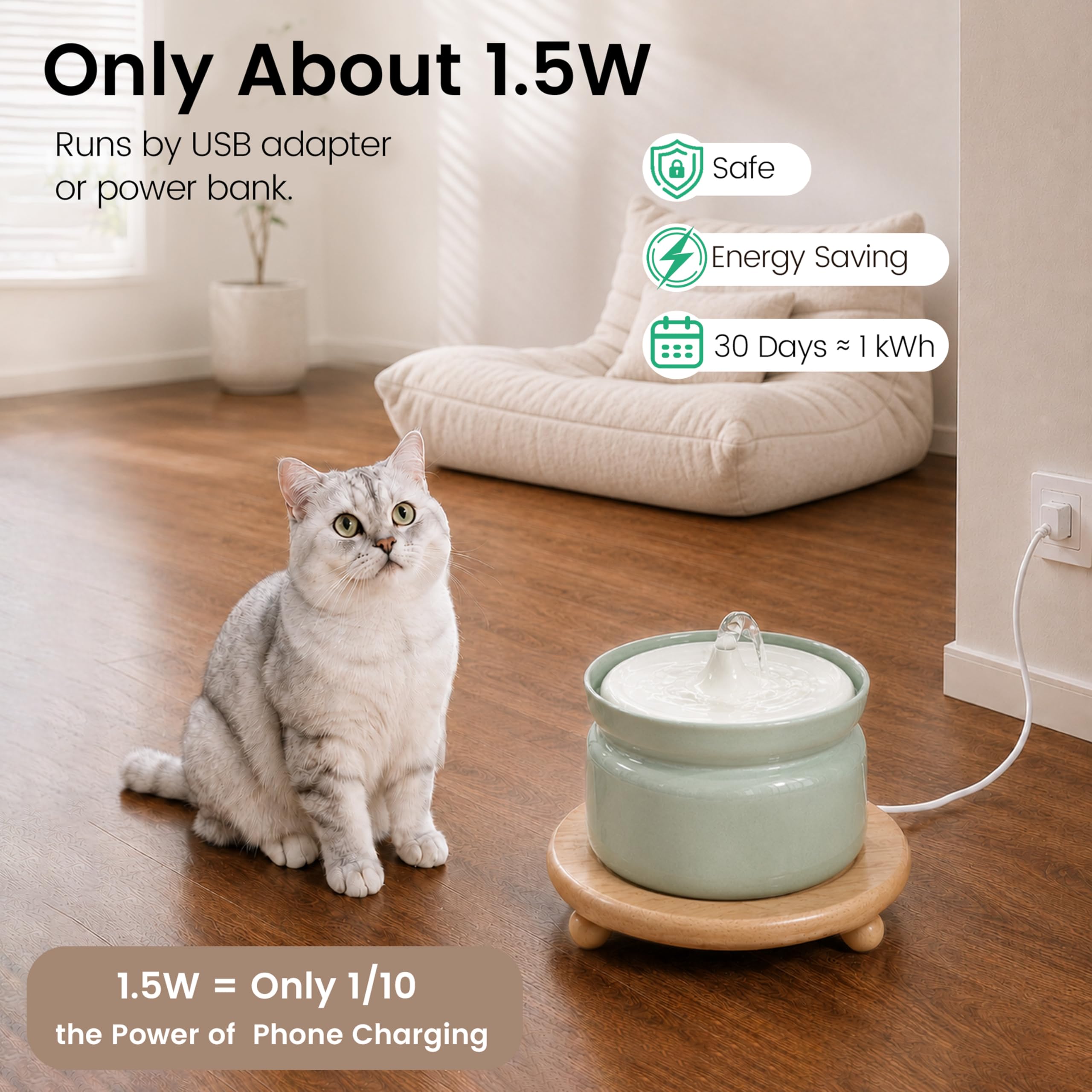 Fuente de agua de cerámica para gatos, fuente automática de 1 litro para mascotas con bomba silenciosa y triple filtración, cerámica duradera sin BPA, fácil de limpiar, apta para lavavajillas