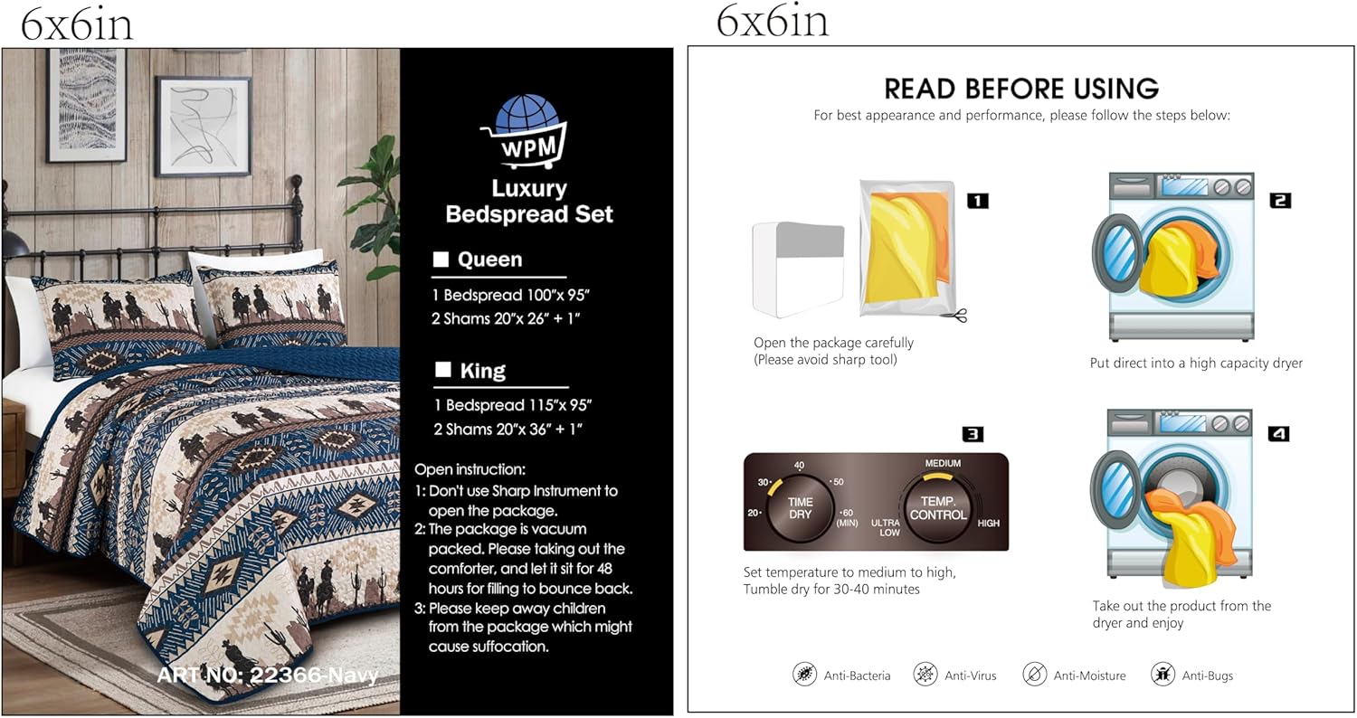 WPM WORLD PRODUCTS MART Western Beige/Navy Blue Cowboy Desert Southwestern Print Bedspread 3 Piece west Theme Cabin Lodge Ranch Design Coverlet Quilt Set-Kadence 22366 (Navy, Queen) - Image 8