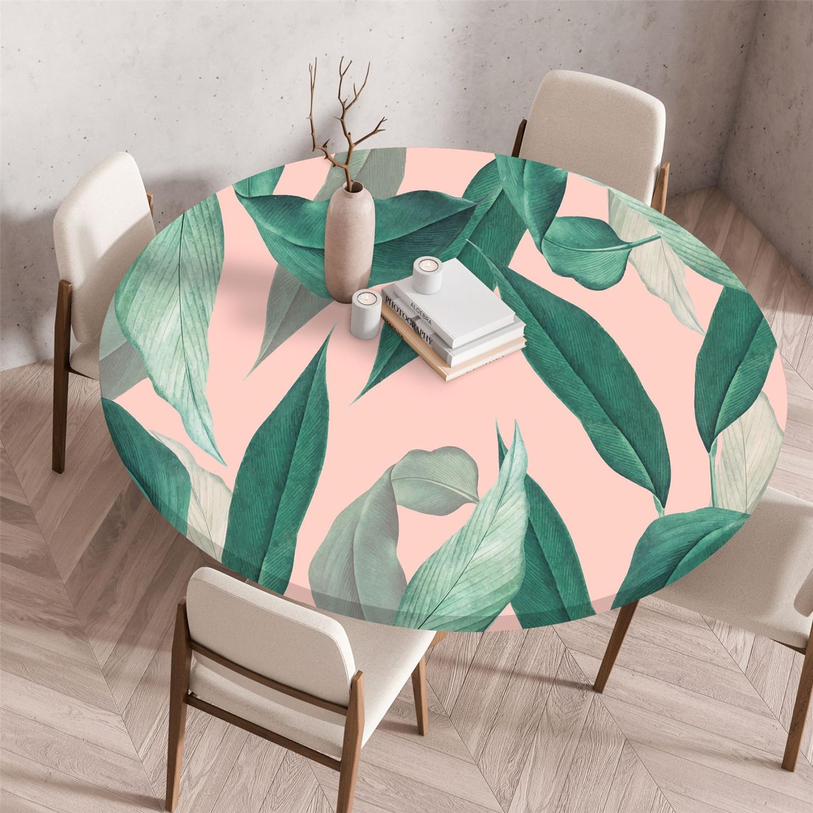 Odot Elastic Edged Round Fitted Tablecloth Protector Green Plants Print Wipeable Circle Tablecloth Indoor Outdoor Table Cover Wipe Clean for Kitchen Picnic Dining Room Tabletop (120cm,Pink)