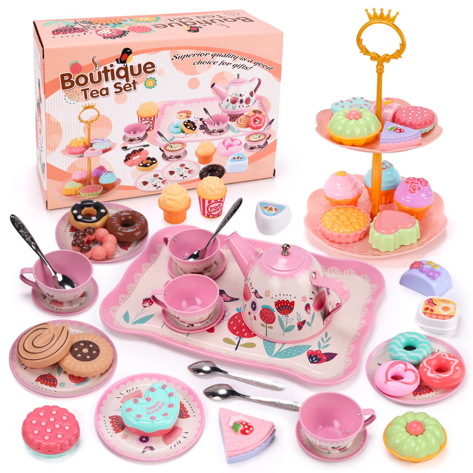Qizebaby アフタヌーンティーのおもちゃ 48 PCS おままごと セット おもちゃ 屋内ゲーム お茶 ティーポット ティーセット ビスケット ケーキ デザート キャンディー デザートスタンド ままごと・ごっこ遊び 親子遊び 知育玩具 食べ物認知 誕生日 プレゼント お礼の品 女の子 クリスマス 進学祝い ギフト 男女通用