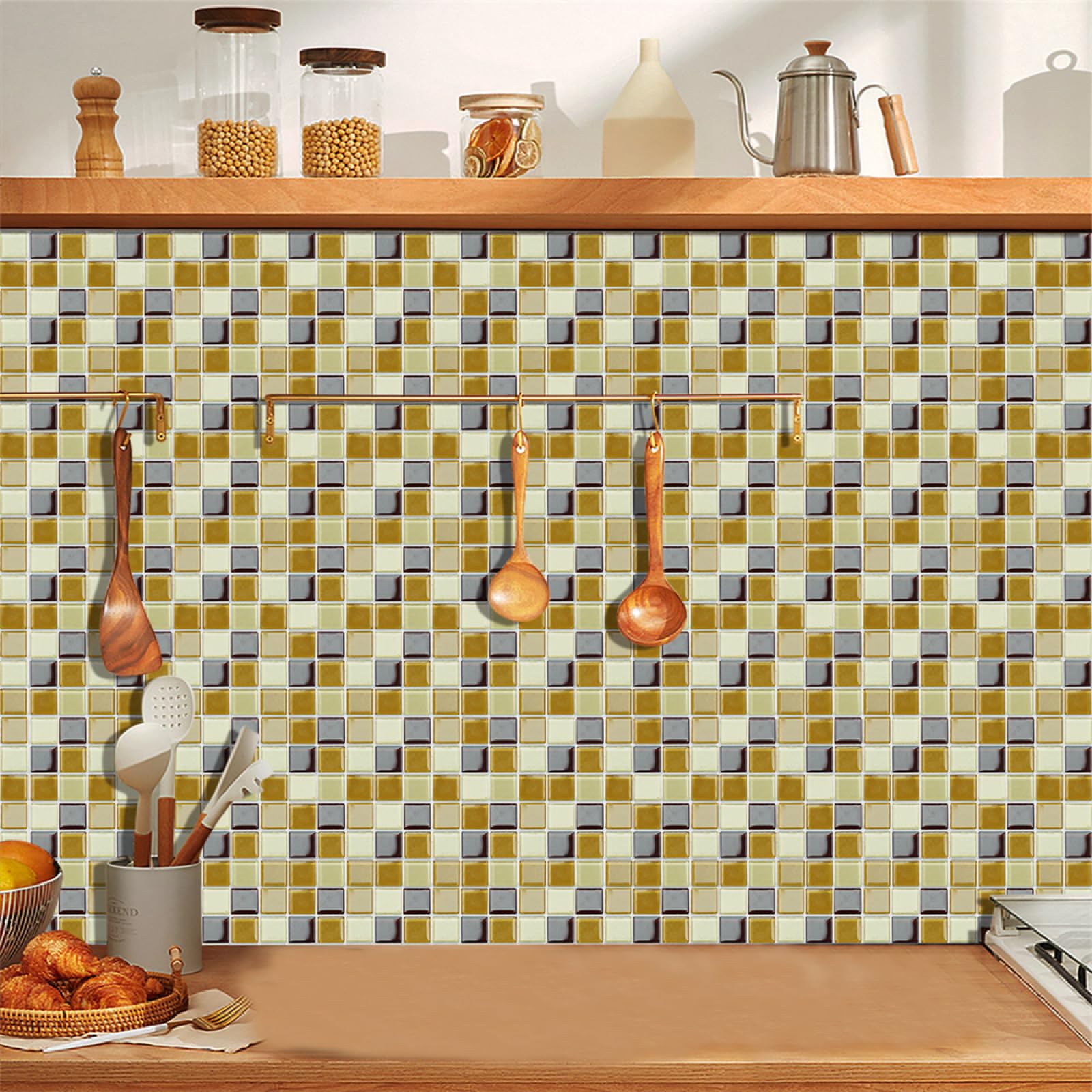 Tile Decals, Mustard Tile Stickers Transfers,Peel and Stick Wall Self Adhesive Vinyl Home Decor(15x240cmx2pcs)