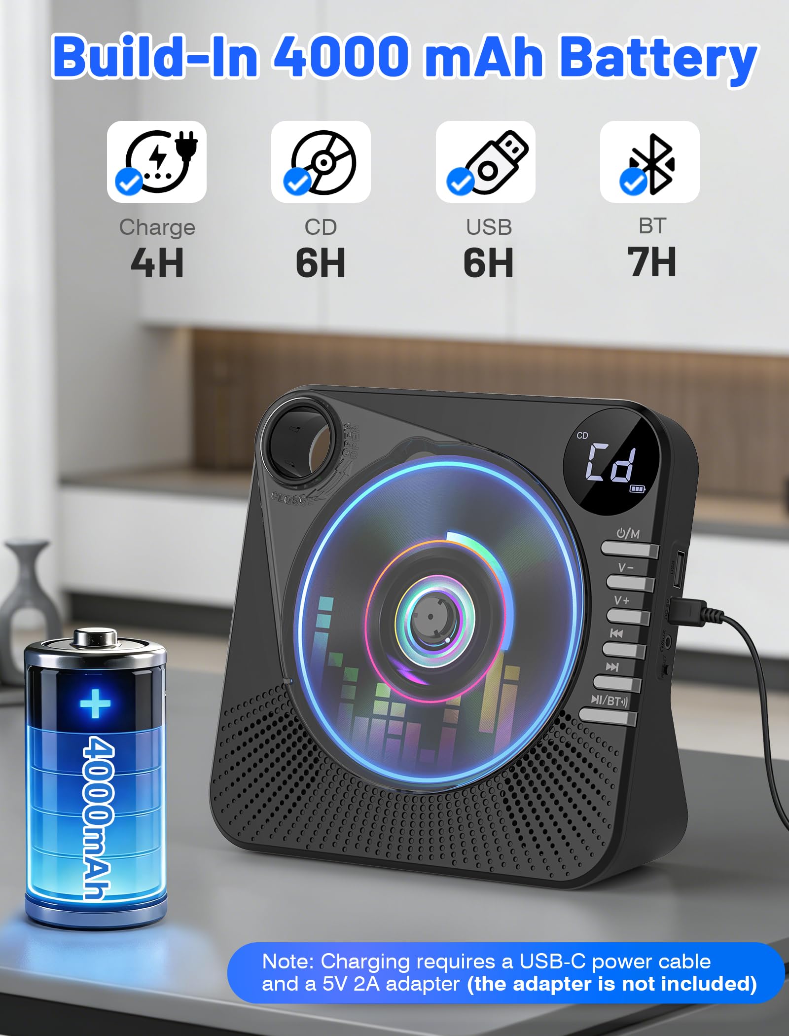 Gracioso Lettore CD portatile con Bluetooth, 4000mAh ricaricabile, altoparlanti stereo HiFi, telecomando, 5 EQ, ripetizione A-B, display a LED, USB/AUX/jack da 3,5 mm